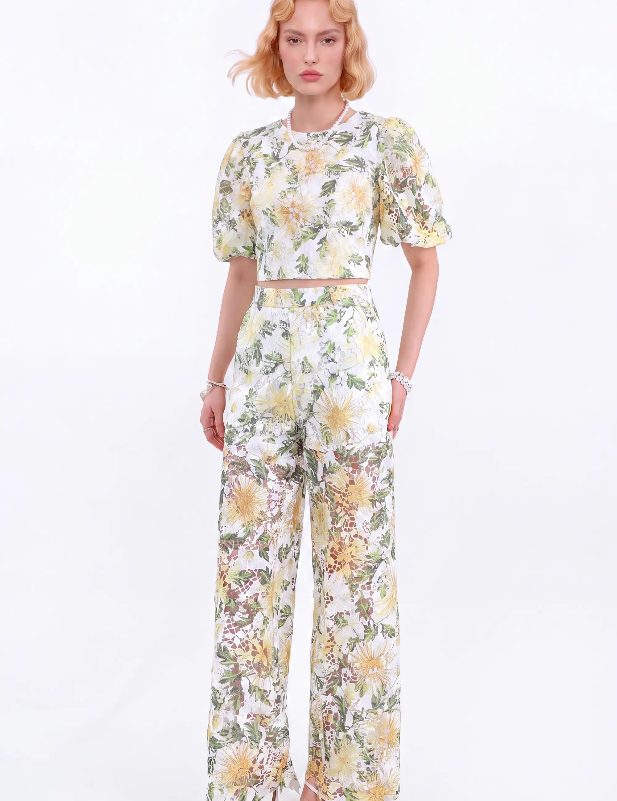 White and Yellow Floral Lace Wide-Leg Pants — model front view 1