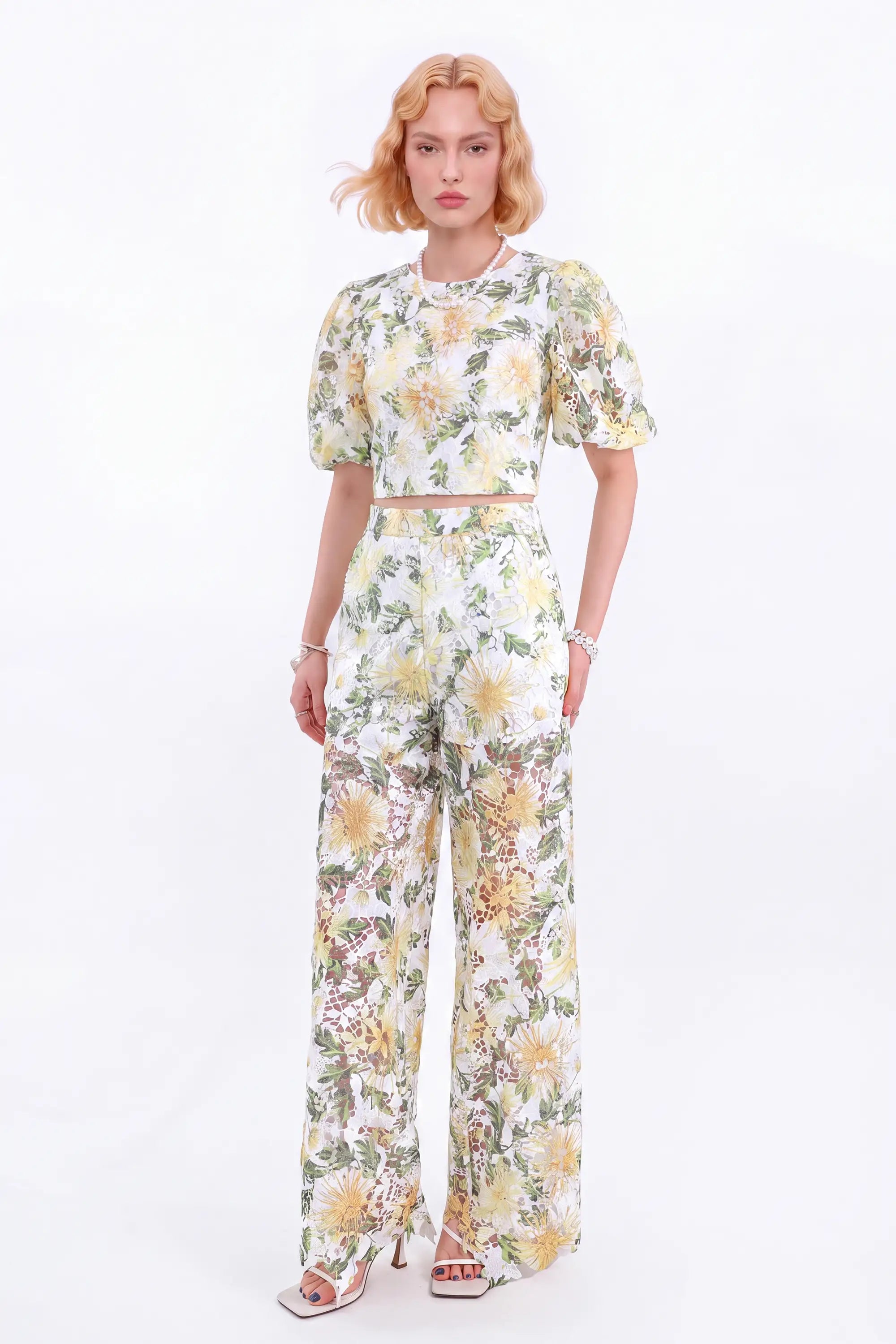 White and Yellow Floral Lace Wide-Leg Pants — model front view 1