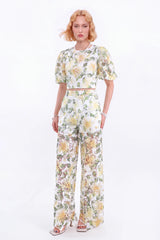 White and Yellow Floral Lace Wide-Leg Pants