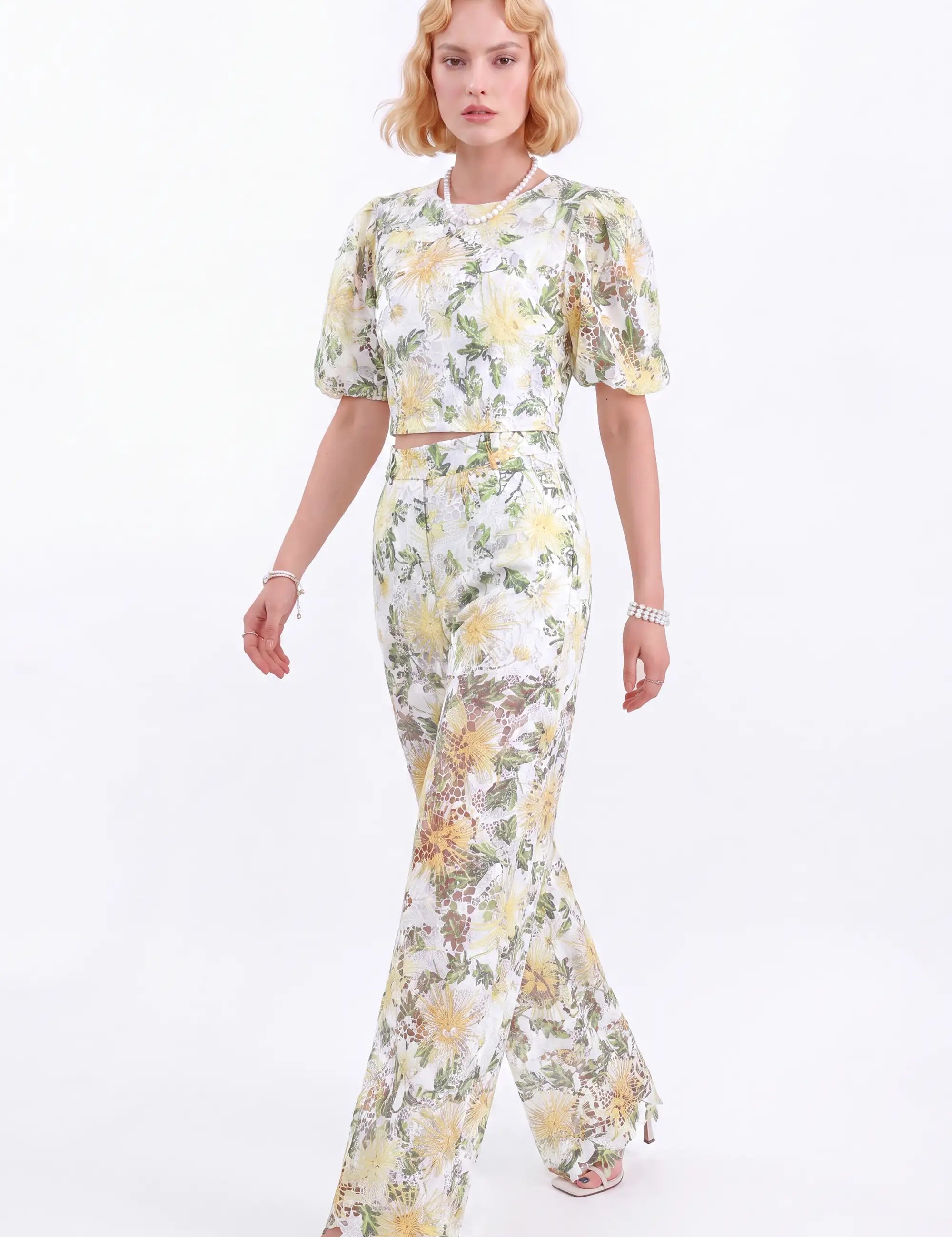 White and Yellow Floral Lace Wide-Leg Pants — model front view 2