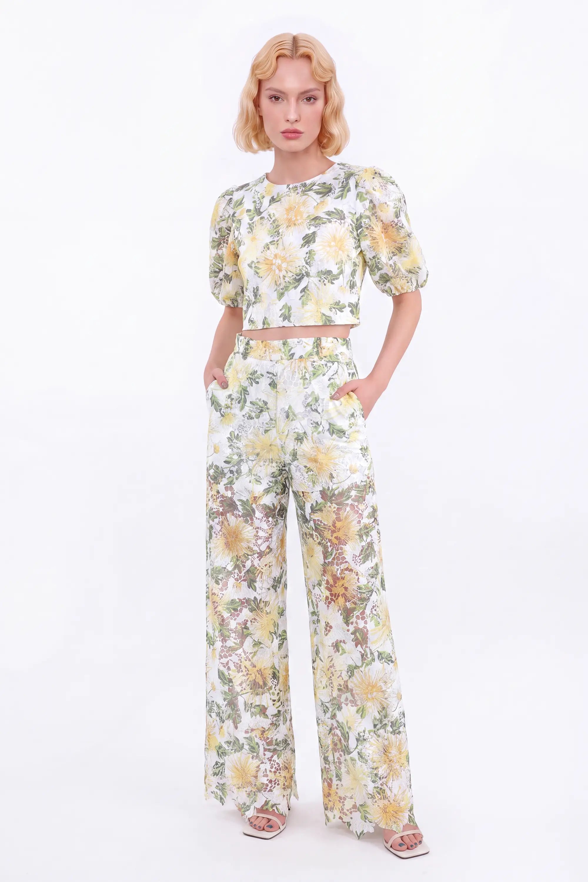 White and Yellow Floral Lace Wide-Leg Pants — model front view 3