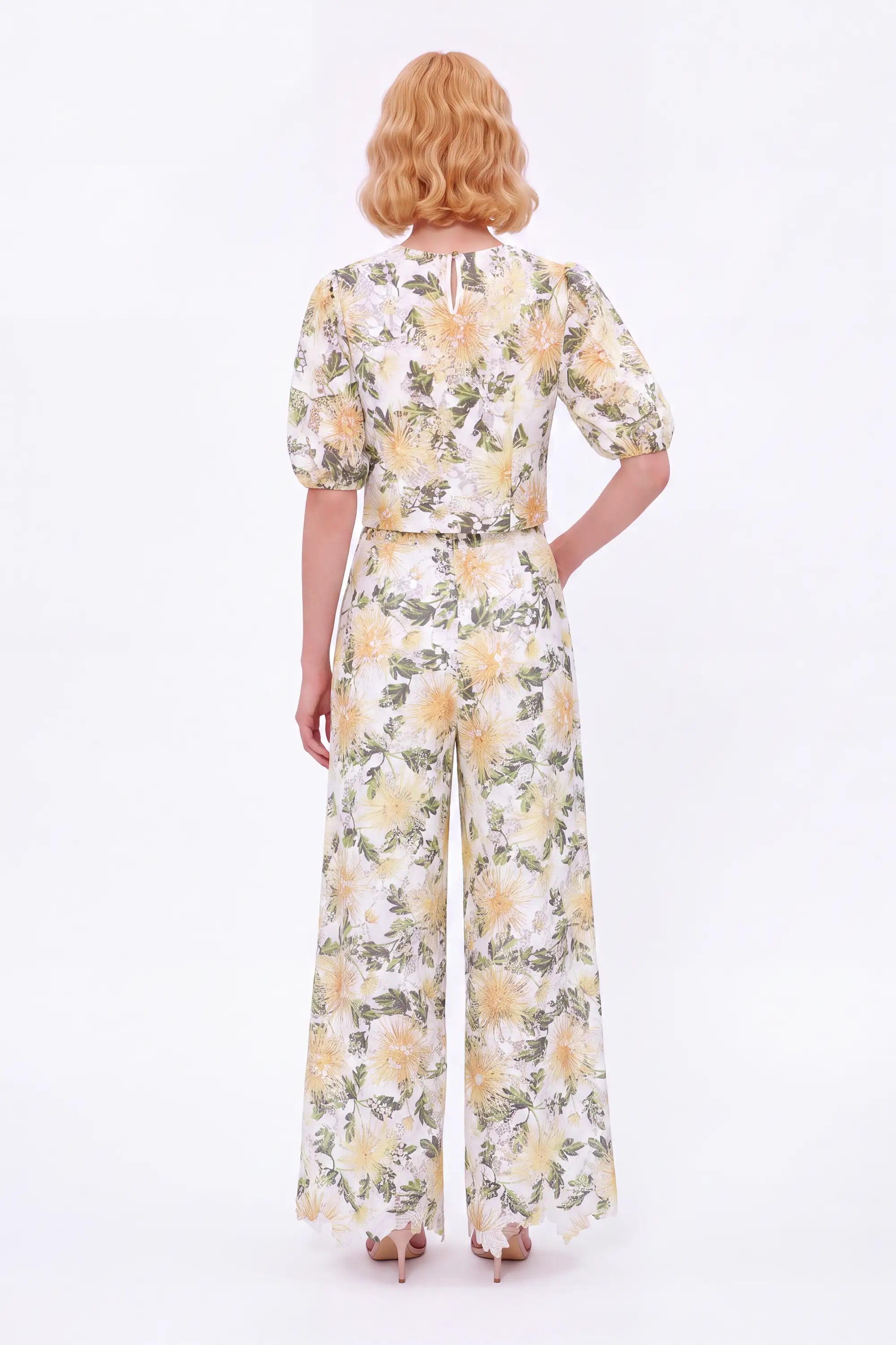 White and Yellow Floral Lace Wide-Leg Pants — model front view 5