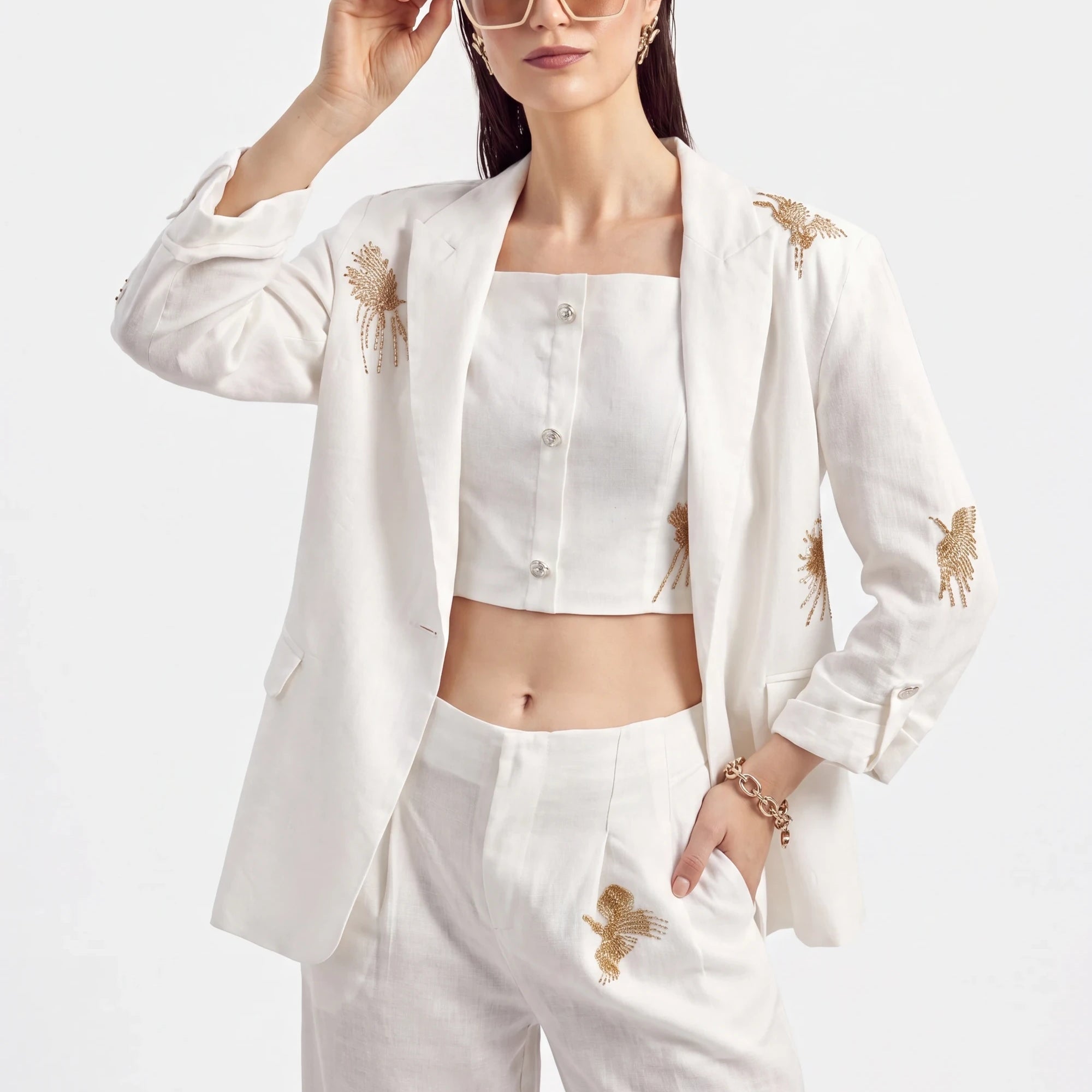 Elppis White Blazer with Gold Sequin Floral Embellishments, white-background full-length front view on model — SKU JD4W6708BO