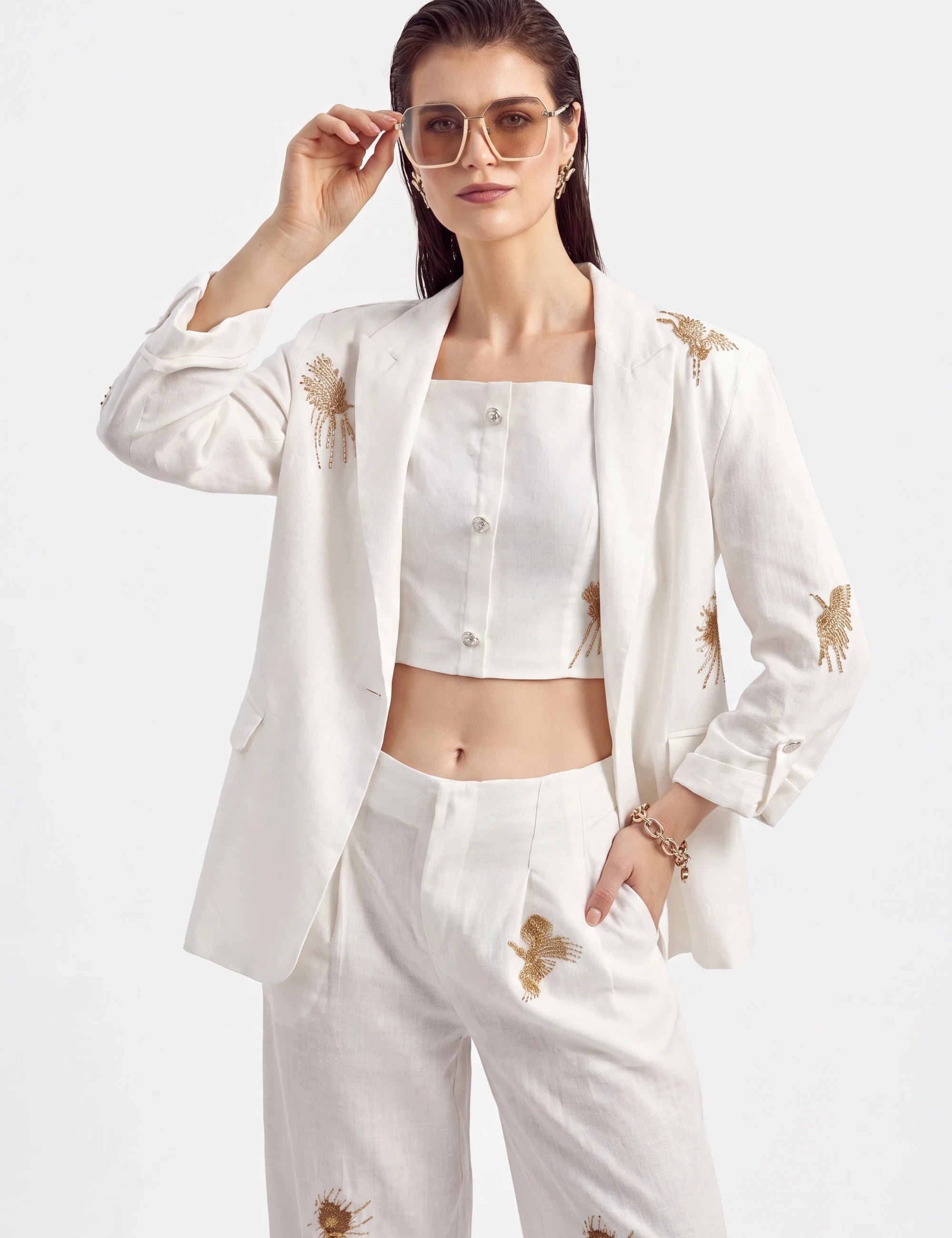 Elppis White Blazer with Gold Sequin Floral Embellishments, white-background full-length front view on model — SKU JD4W6708BO