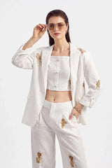 White Blazer with Gold Sequin Floral Embellishments