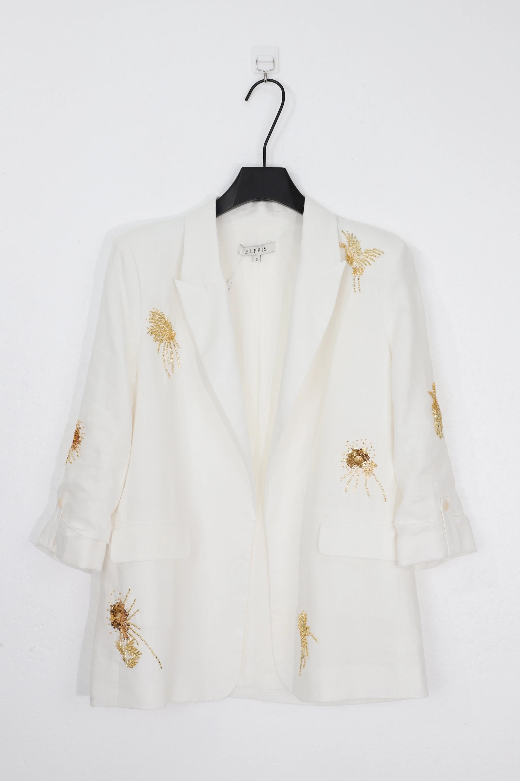 Elppis White Blazer with Gold Sequin Floral Embellishments, product detail view — SKU JD4W6708BO