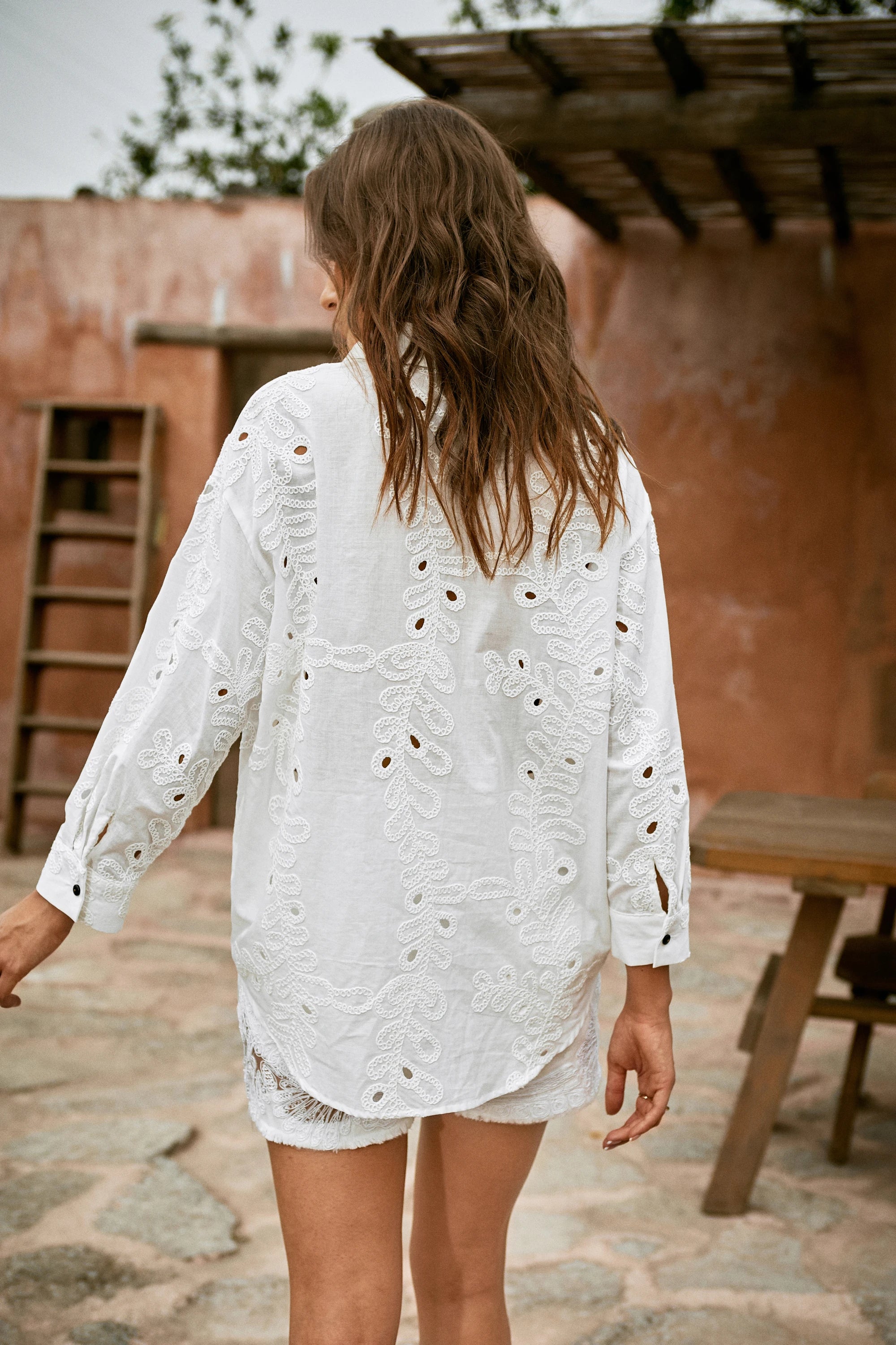 Elppis White Cotton Sequin Leaf Blouse, editorial styling view on model — SKU UV4F6294BK
