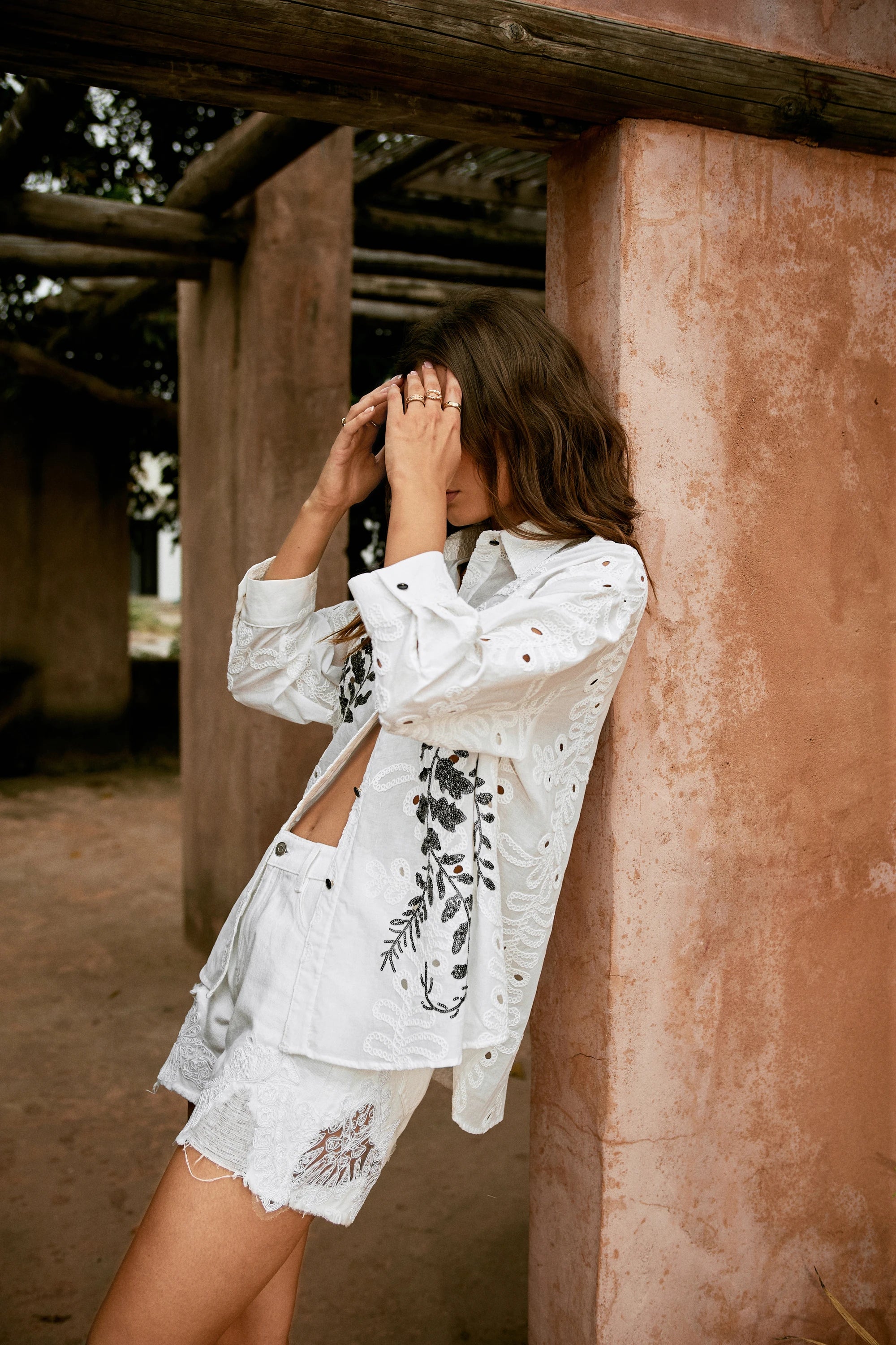 Elppis White Cotton Sequin Leaf Blouse, editorial styling view on model — SKU UV4F6294BK