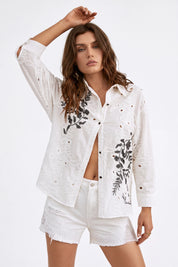 Elppis White Cotton Sequin Leaf Blouse, white-background full-length front view on model — SKU UV4F6294BK