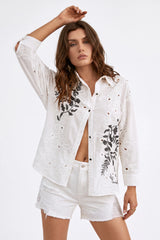 White Cotton Sequin Leaf Blouse