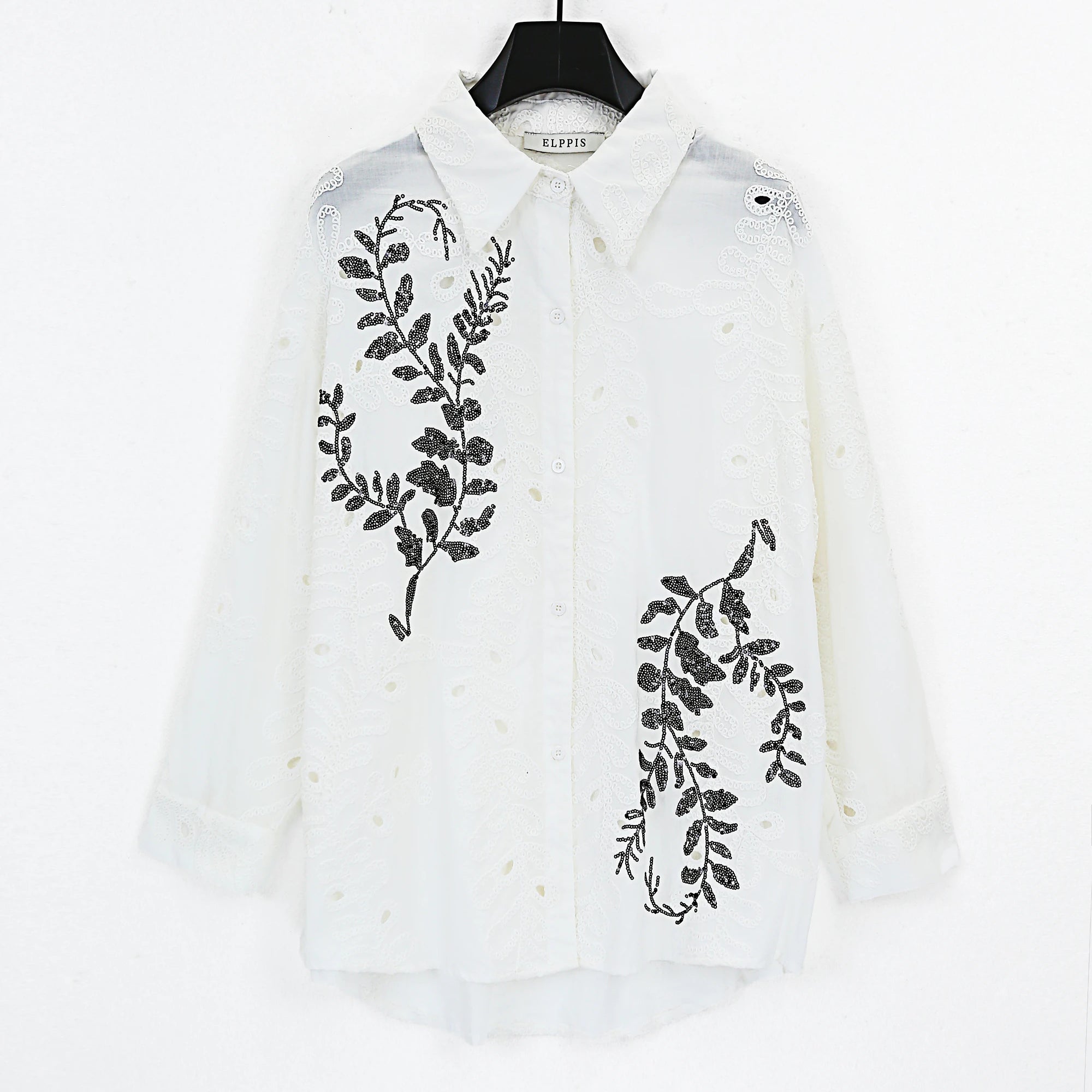 Elppis White Cotton Sequin Leaf Blouse, product packshot on white background — SKU UV4F6294BK