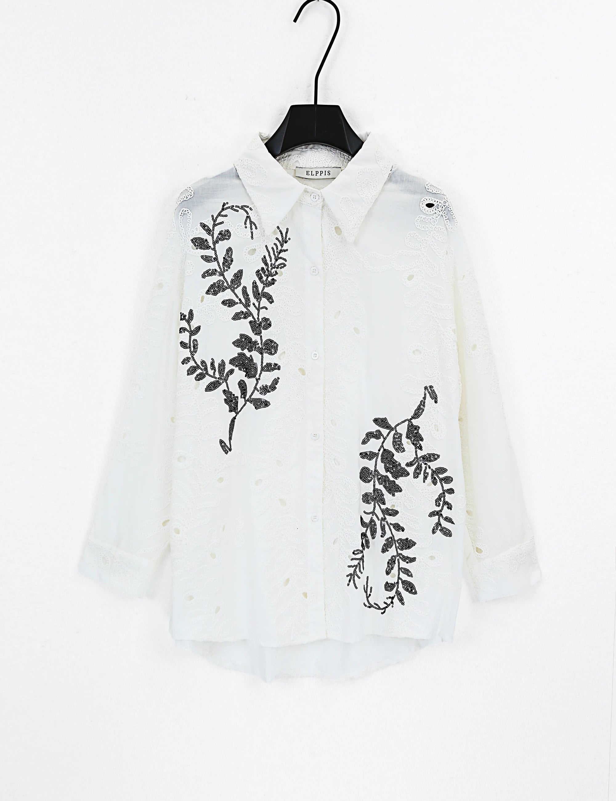 Elppis White Cotton Sequin Leaf Blouse, product packshot on white background — SKU UV4F6294BK