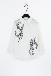Elppis White Cotton Sequin Leaf Blouse, product packshot on white background — SKU UV4F6294BK