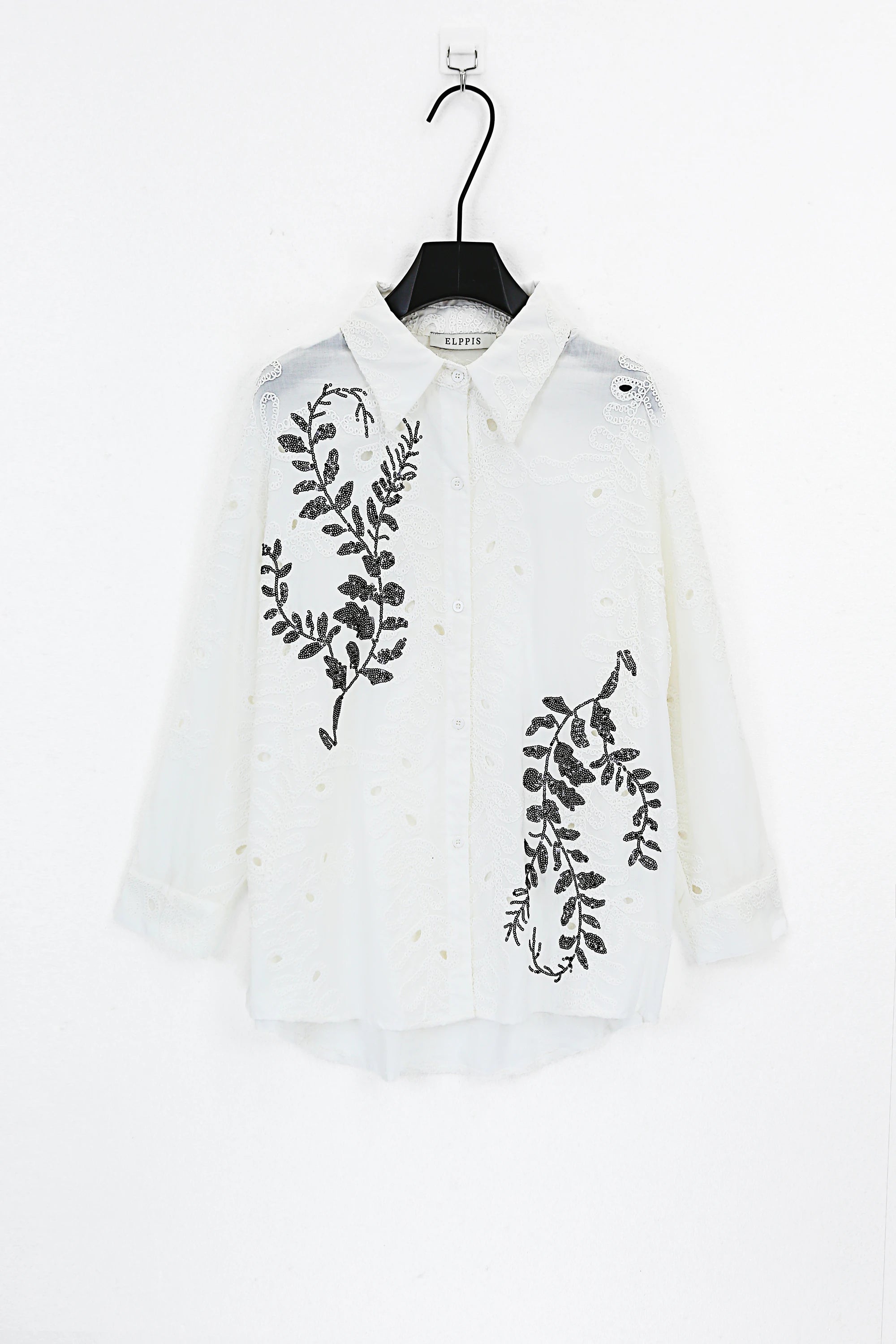 Elppis White Cotton Sequin Leaf Blouse, product packshot on white background — SKU UV4F6294BK