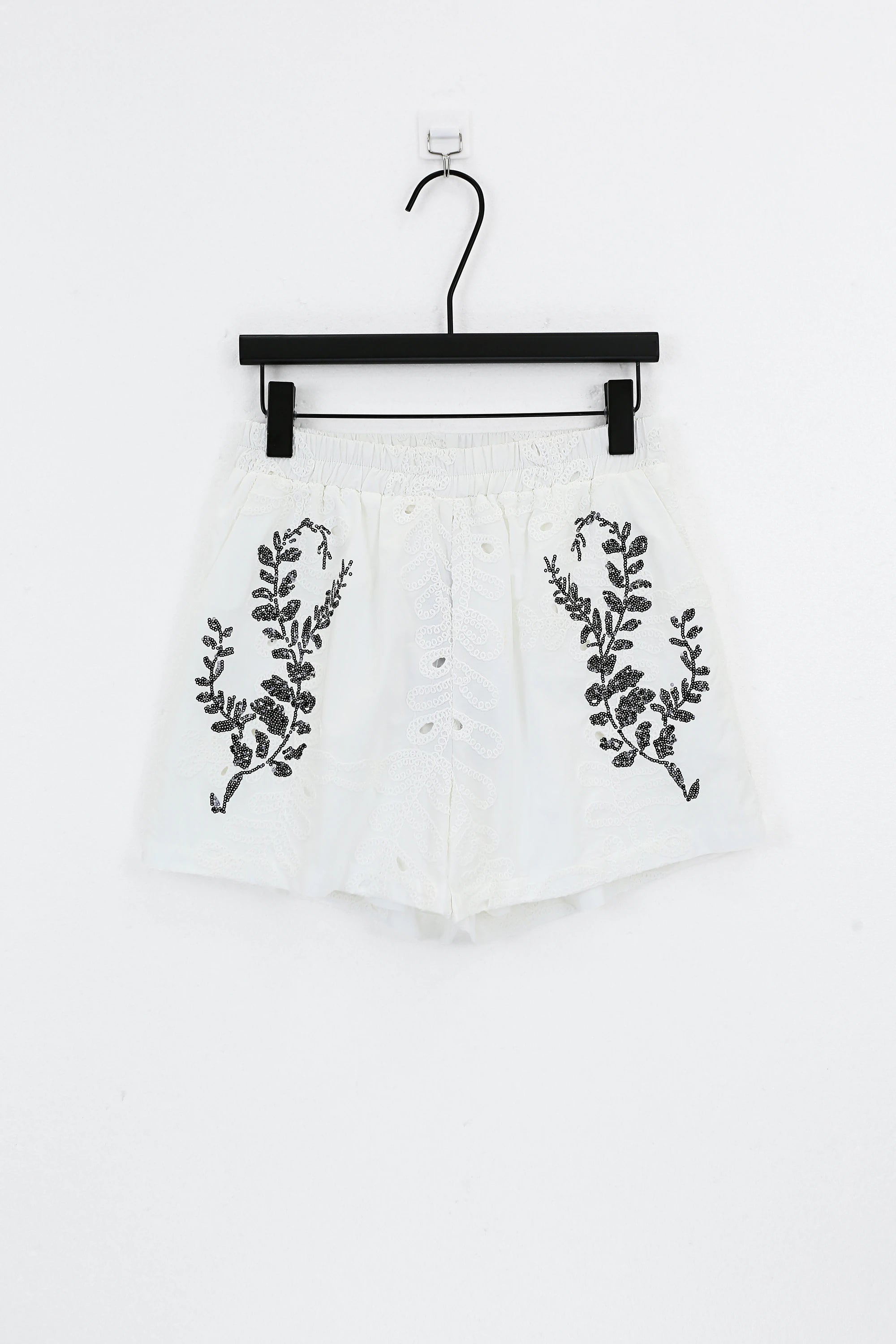 Elppis White Cotton Sequin Leaf Blouse, product packshot on white background — SKU UV4F6294BK