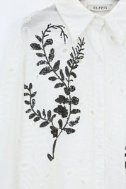 Elppis White Cotton Sequin Leaf Blouse, product packshot on white background — SKU UV4F6294BK