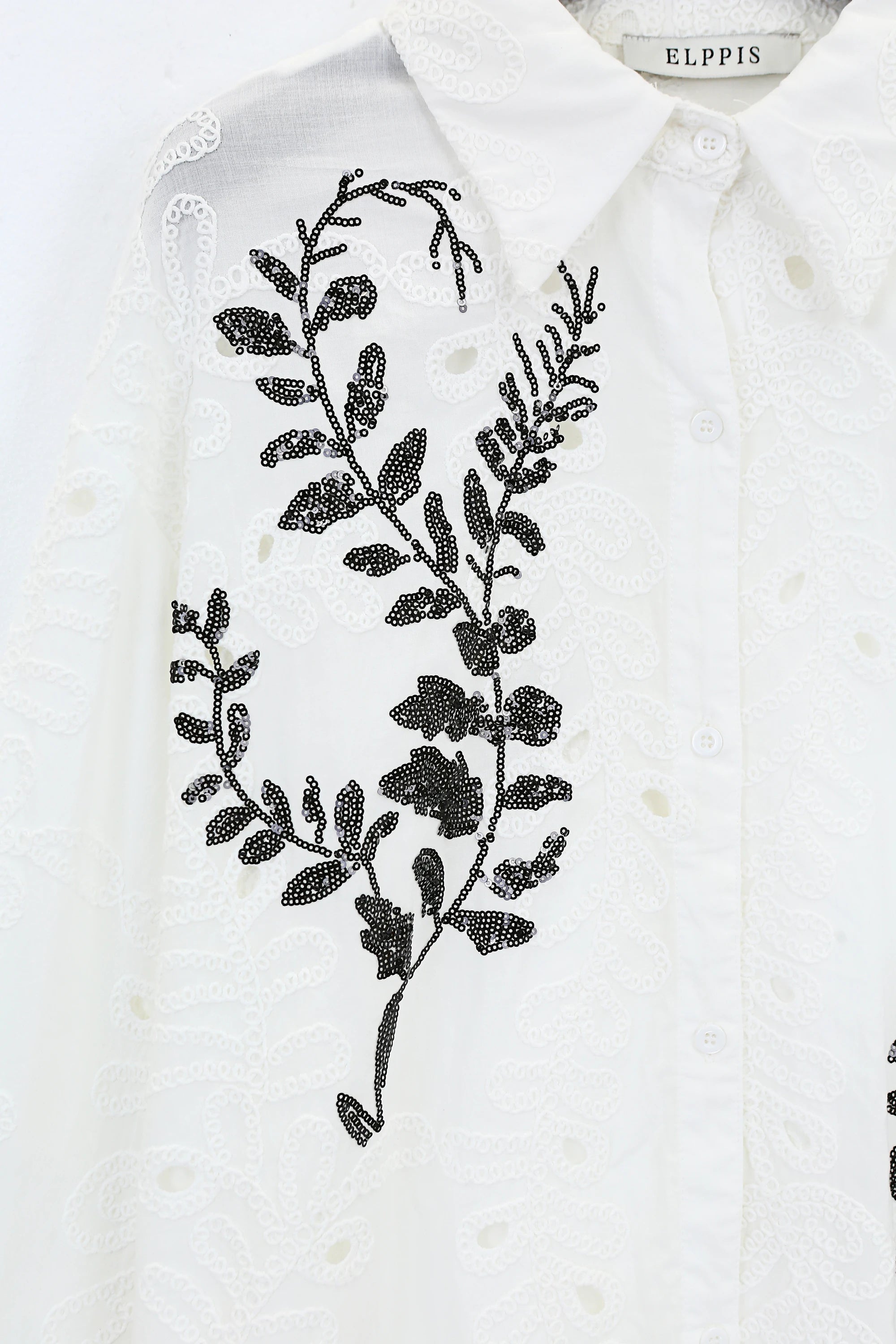 Elppis White Cotton Sequin Leaf Blouse, product packshot on white background — SKU UV4F6294BK