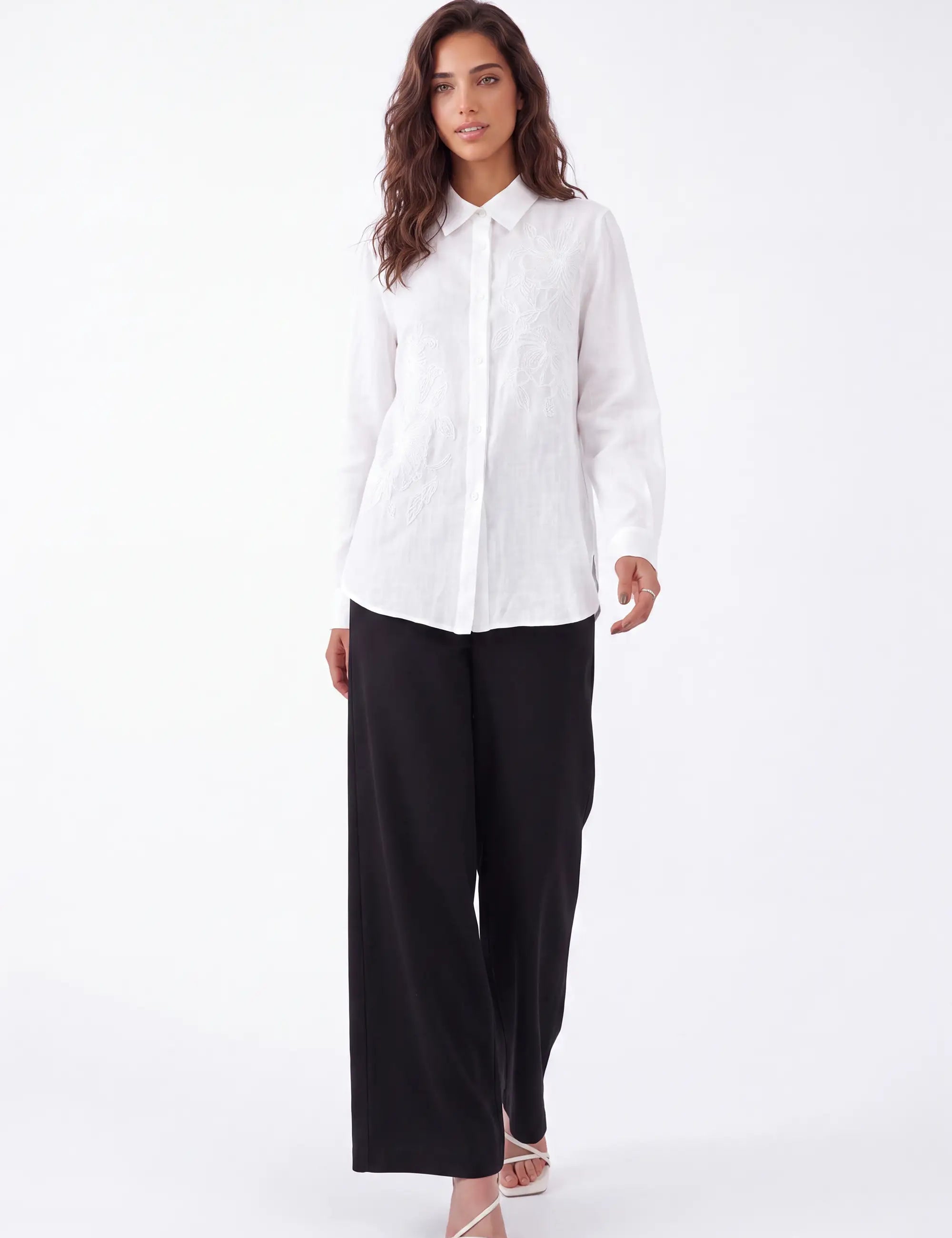 White Embroidered Linen Long Sleeves Shirt — Model White Background Front