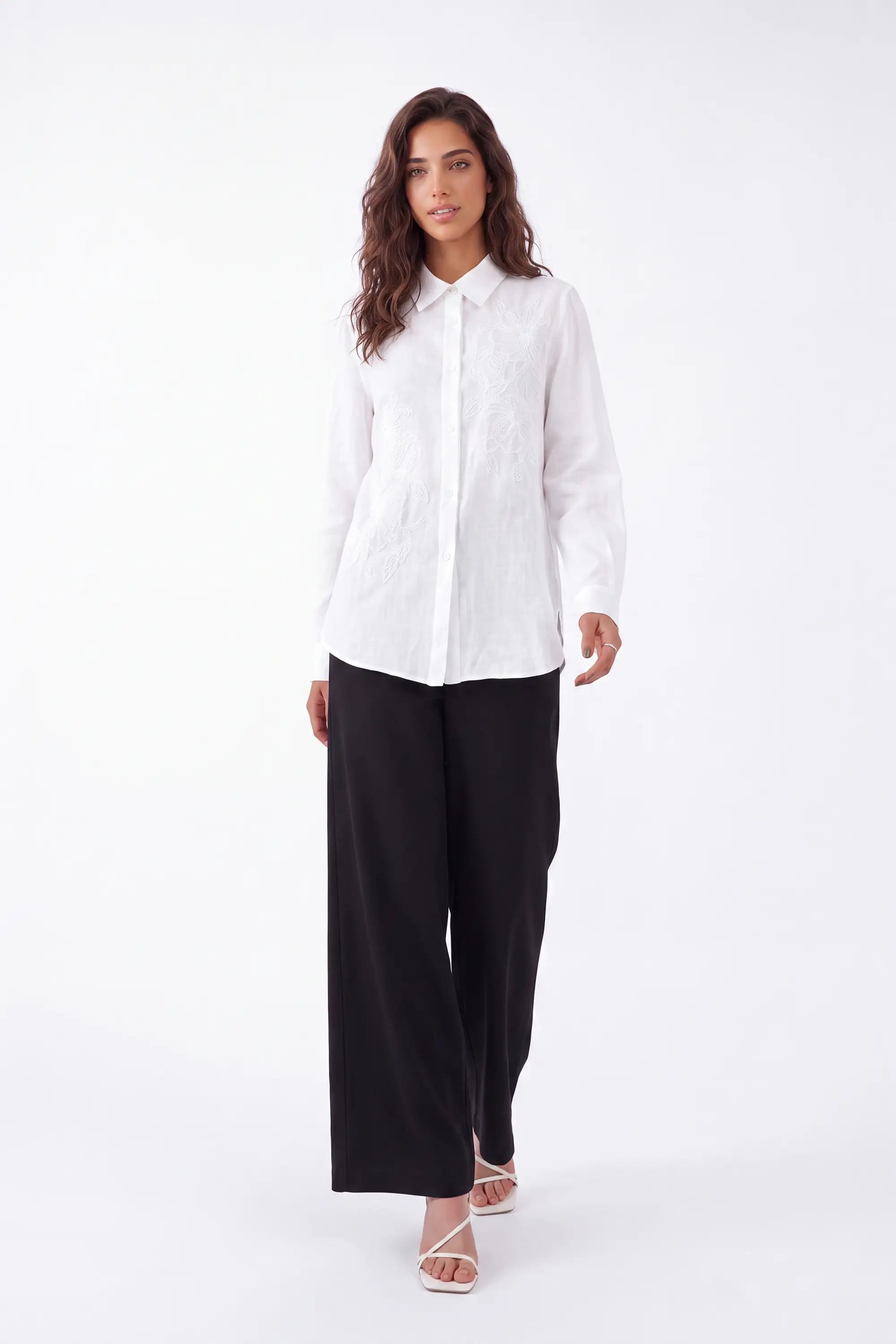 White Embroidered Linen Long Sleeves Shirt — Model White Background Front