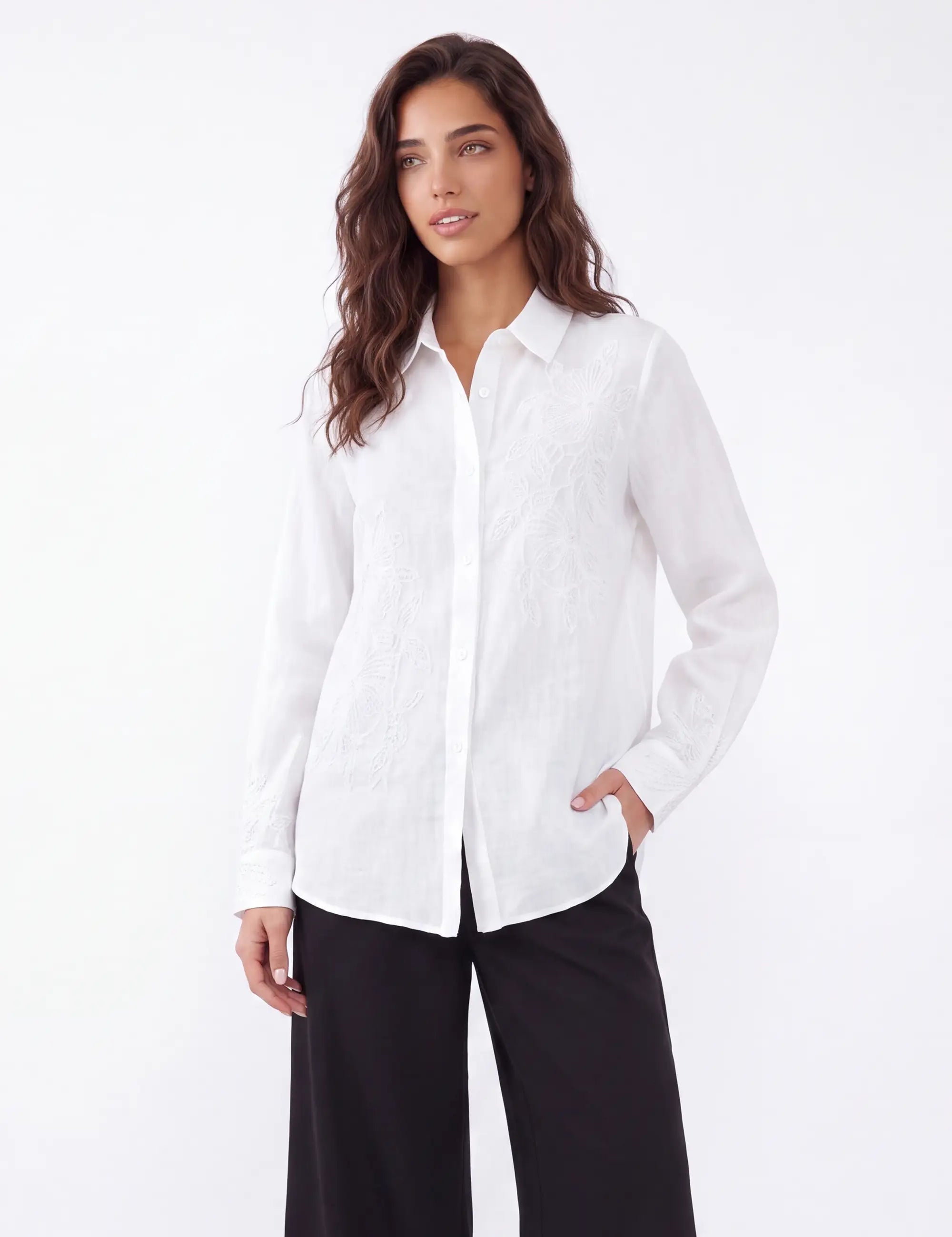 White Embroidered Linen Long Sleeves Shirt — Model White Background View 2