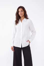 White Embroidered Linen Long Sleeves Shirt — Model White Background View 2