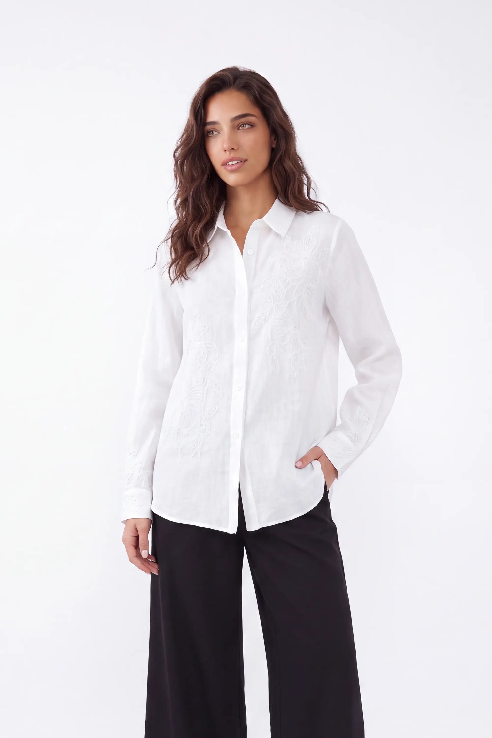 White Embroidered Linen Long Sleeves Shirt — Model White Background View 2