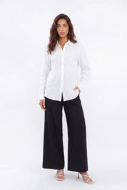 White Embroidered Linen Long Sleeves Shirt — Model White Background View 3
