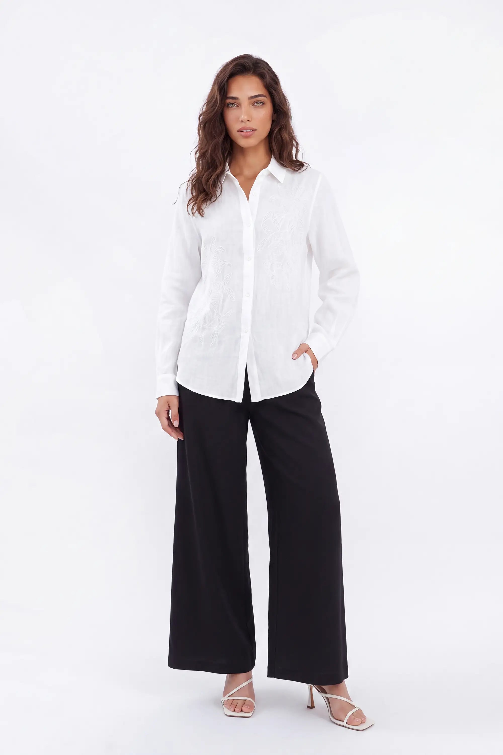 White Embroidered Linen Long Sleeves Shirt — Model White Background View 3