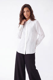 White Embroidered Linen Long Sleeves Shirt — Model White Background View 4