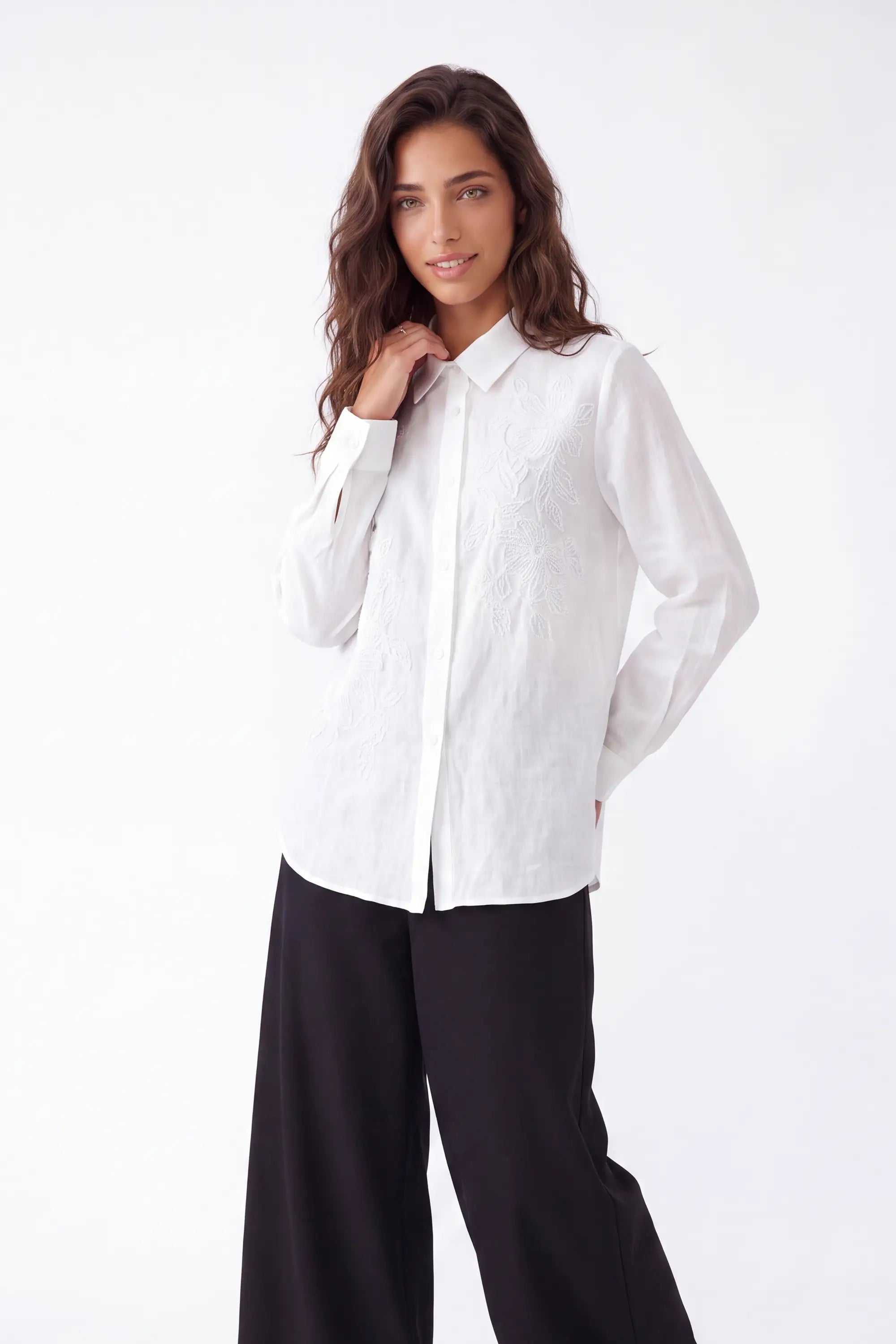 White Embroidered Linen Long Sleeves Shirt — Model White Background View 4