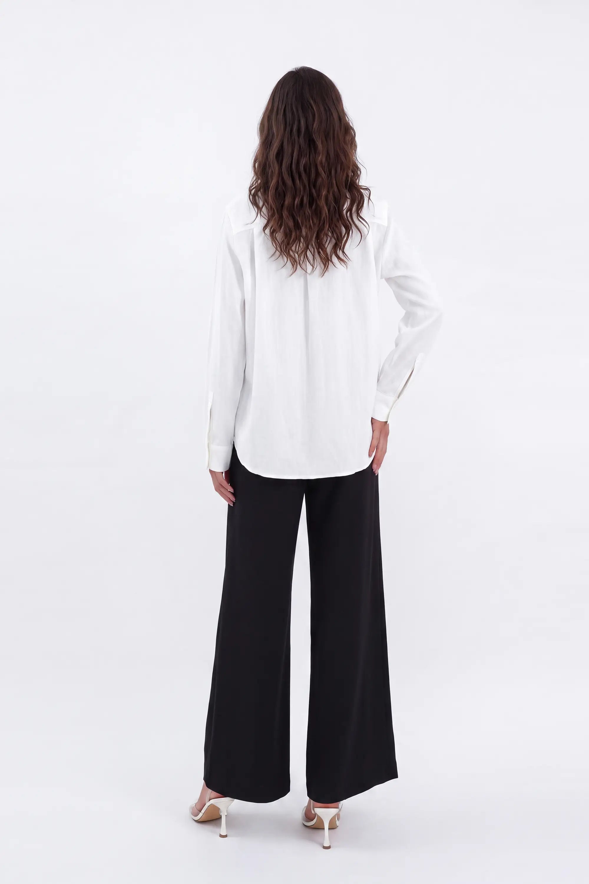 White Embroidered Linen Long Sleeves Shirt — Model White Background View 5