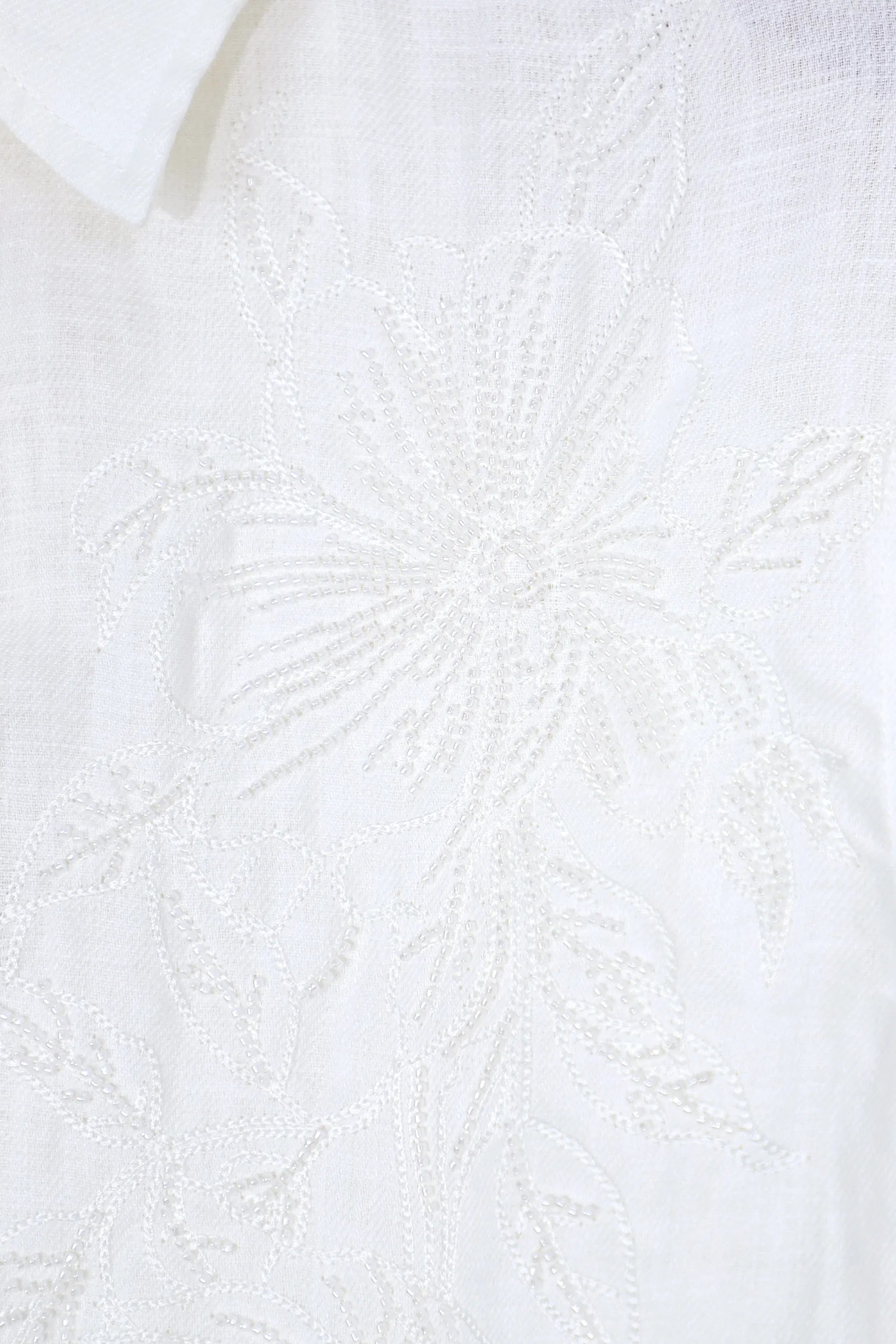 White Embroidered Linen Long Sleeves Shirt — Product Detail 2