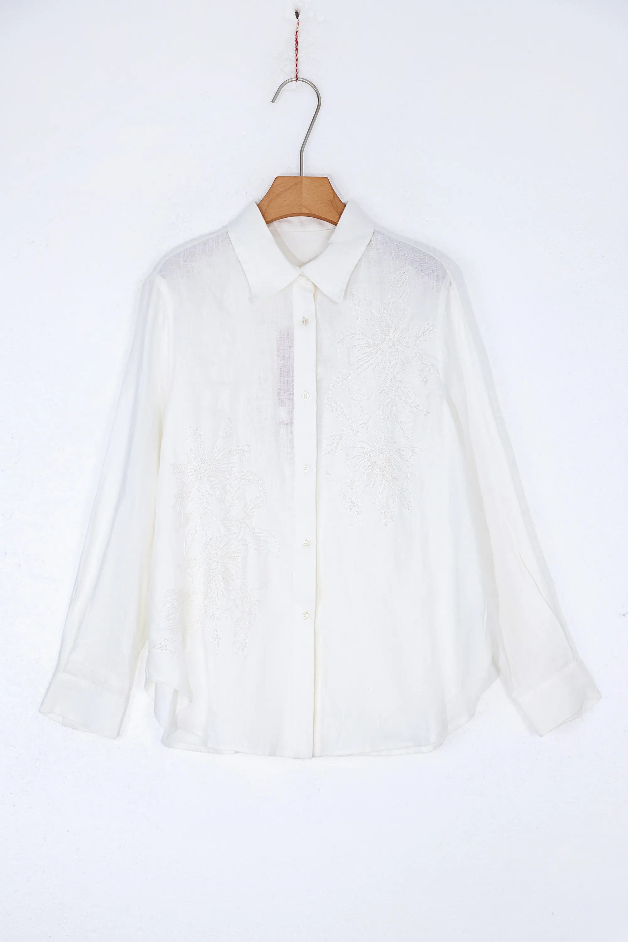 White Embroidered Linen Long Sleeves Shirt — Product Only Front