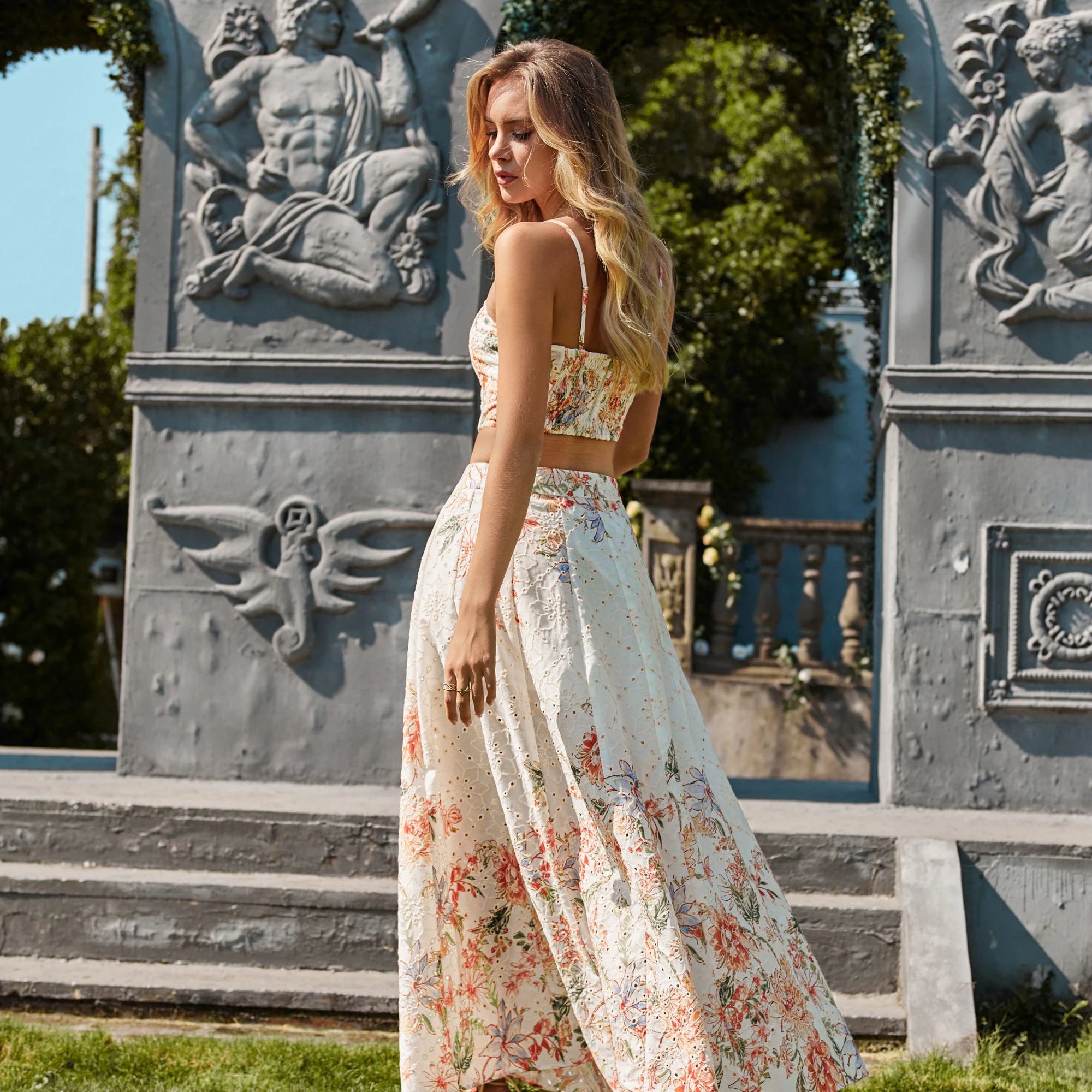 Elppis White Floral Print Maxi Skirt with Gold Detail, editorial styling view on model — SKU P4J6407BO