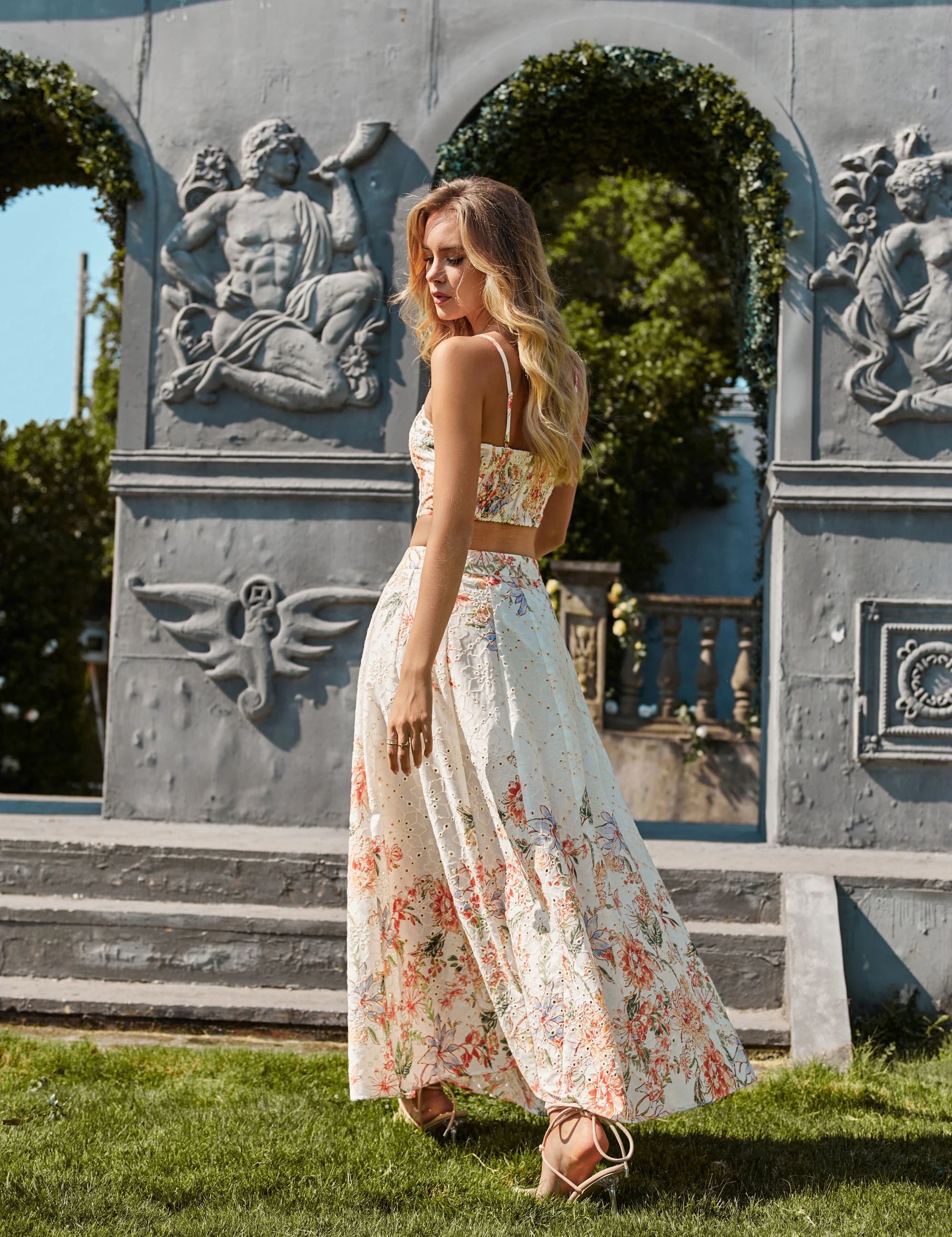 Elppis White Floral Print Maxi Skirt with Gold Detail, editorial styling view on model — SKU P4J6407BO
