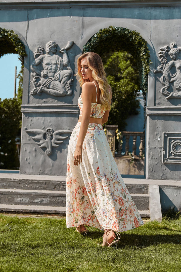 Elppis White Floral Print Maxi Skirt with Gold Detail, editorial styling view on model — SKU P4J6407BO