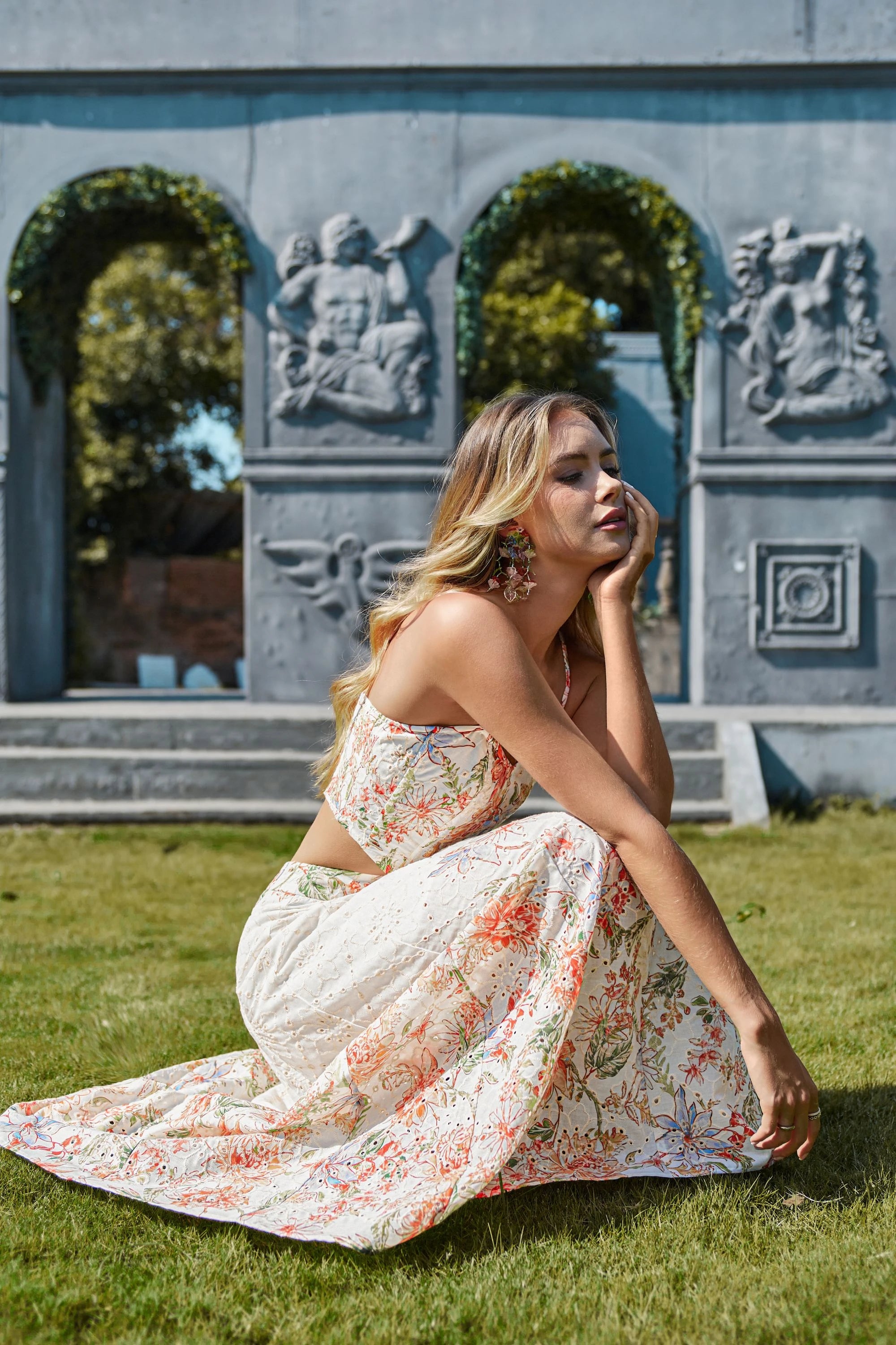 Elppis White Floral Print Maxi Skirt with Gold Detail, editorial styling view on model — SKU P4J6407BO