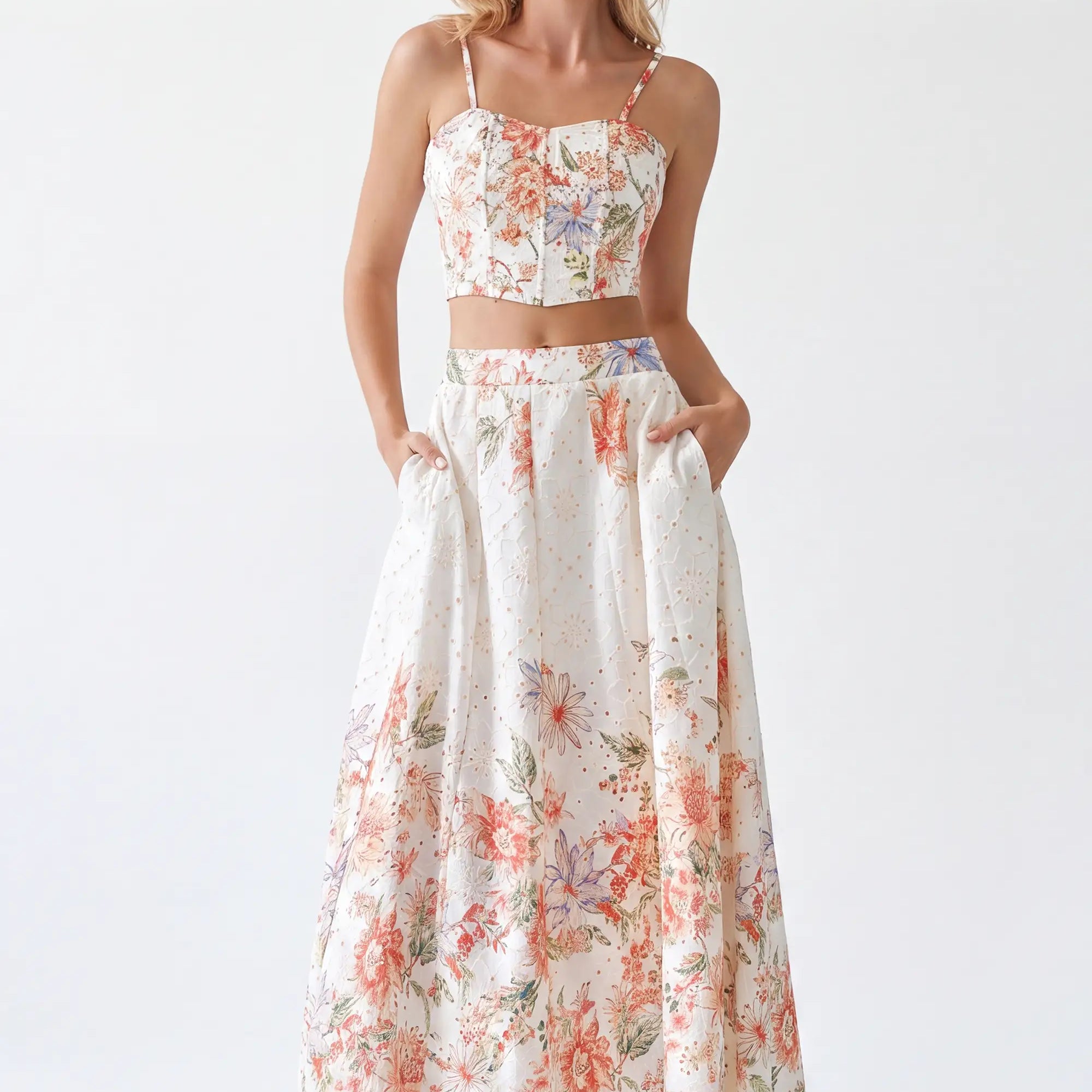 Elppis White Floral Print Maxi Skirt with Gold Detail, white-background full-length front view on model — SKU P4J6407BO
