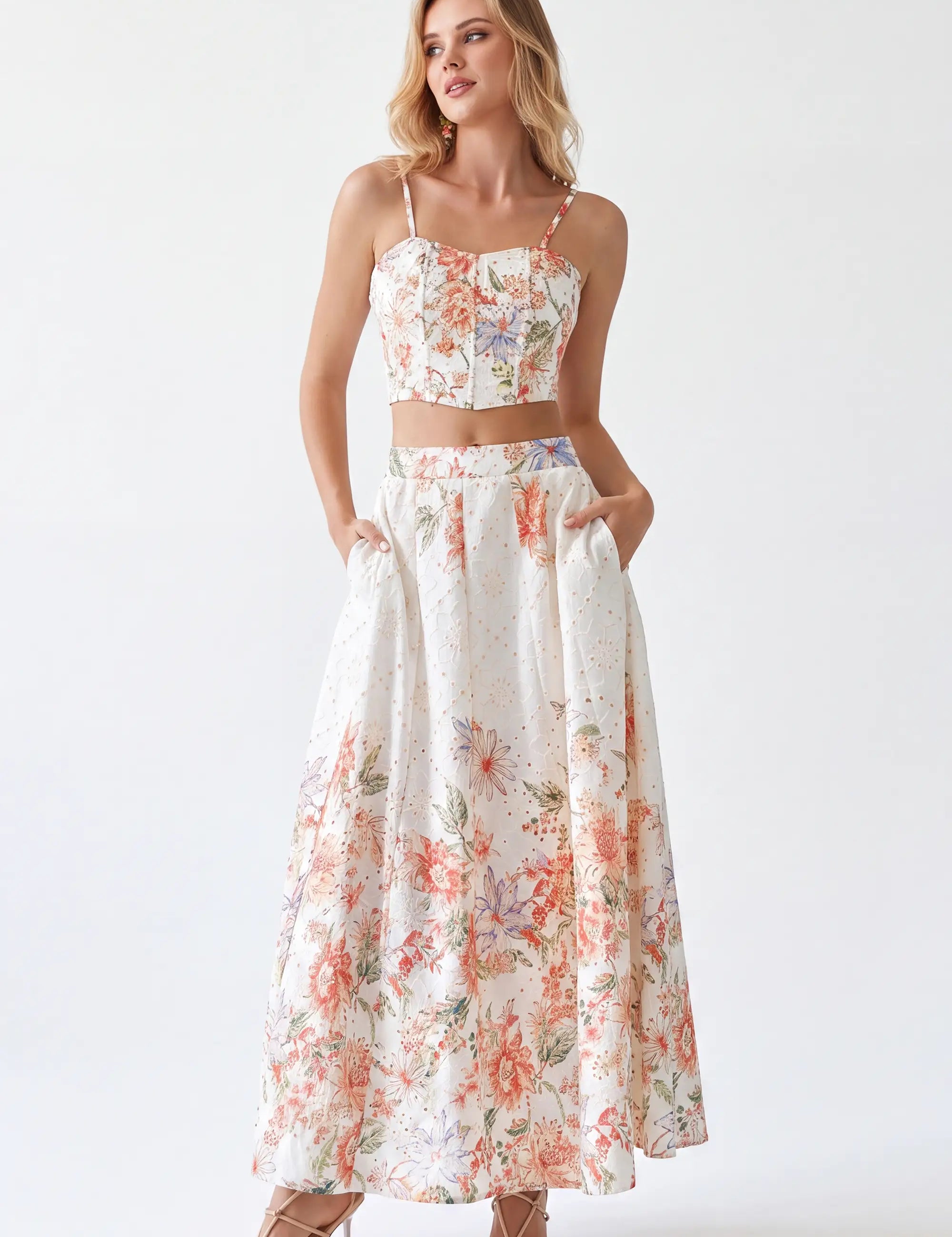 Elppis White Floral Print Maxi Skirt with Gold Detail, white-background full-length front view on model — SKU P4J6407BO