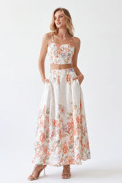 Elppis White Floral Print Maxi Skirt with Gold Detail, white-background full-length front view on model — SKU P4J6407BO