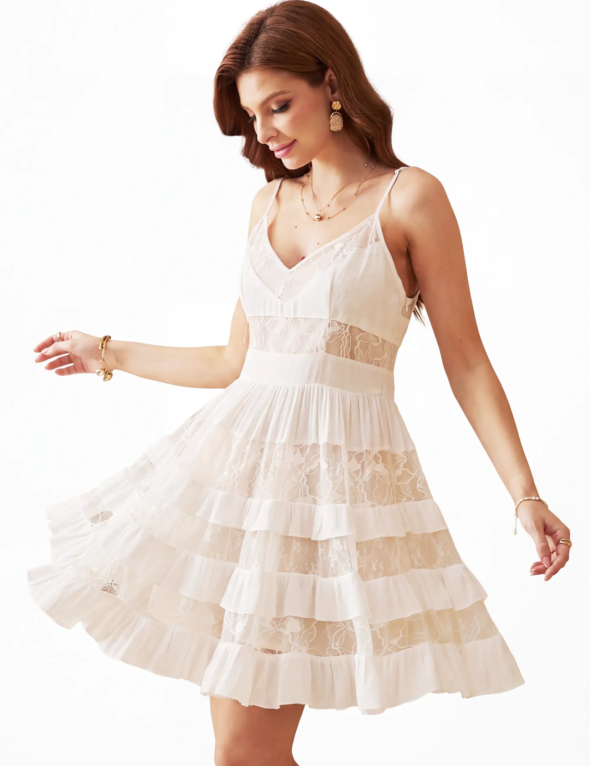Elppis White Lace Tiered Cami Mini Dress, white-background full-length front view on model — SKU 1J5K02869BS