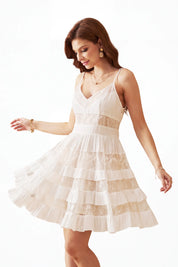 Elppis White Lace Tiered Cami Mini Dress, white-background full-length front view on model — SKU 1J5K02869BS