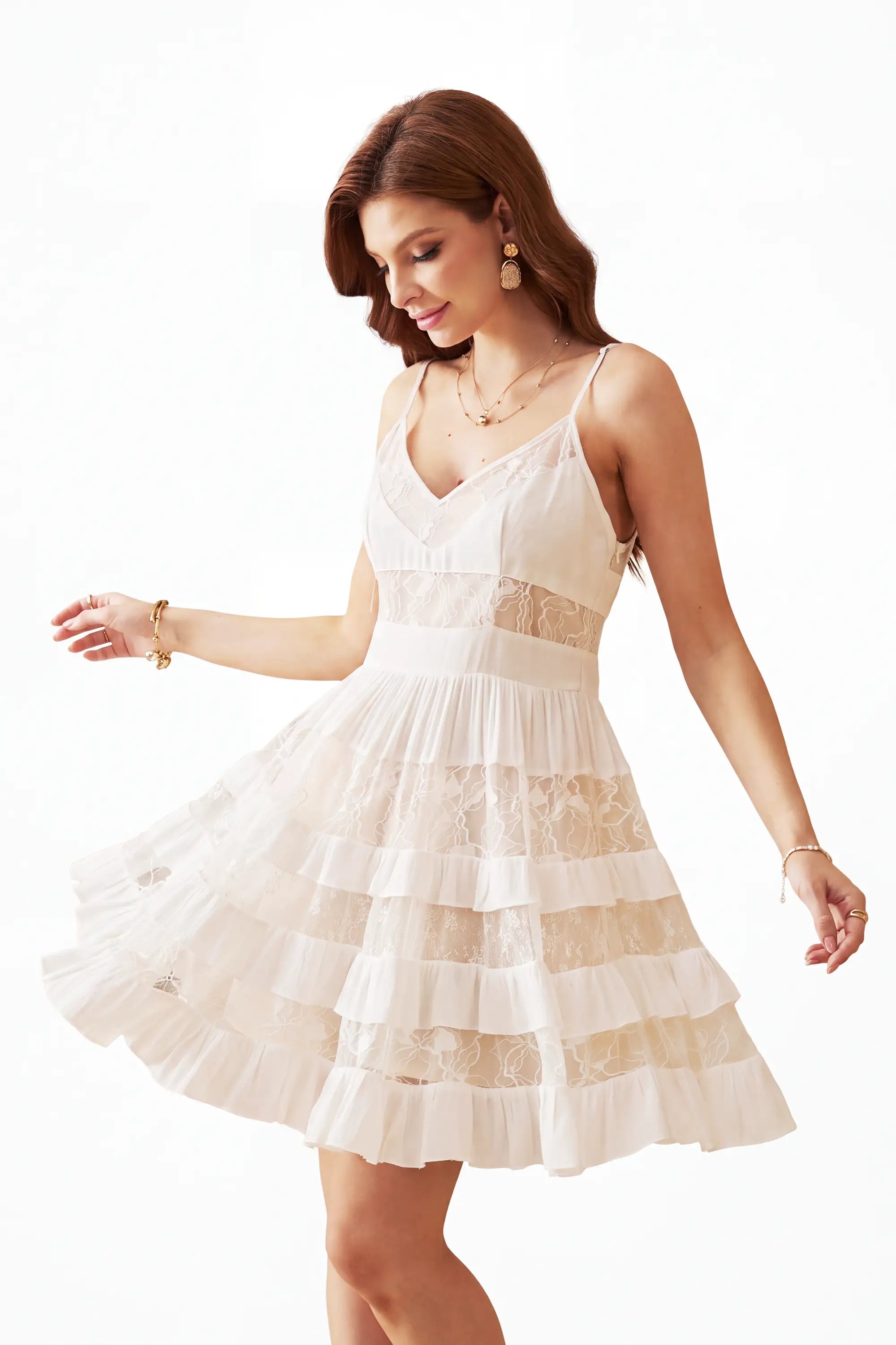 Elppis White Lace Tiered Cami Mini Dress, white-background full-length front view on model — SKU 1J5K02869BS