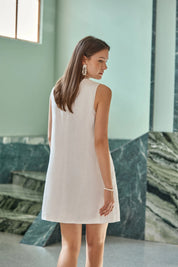 Elppis White Linen Sleeveless Beaded Embroidery Dress, editorial styling view on model — SKU JD4K6946BN