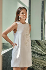 Elppis White Linen Sleeveless Beaded Embroidery Dress, editorial styling view on model — SKU JD4K6946BN