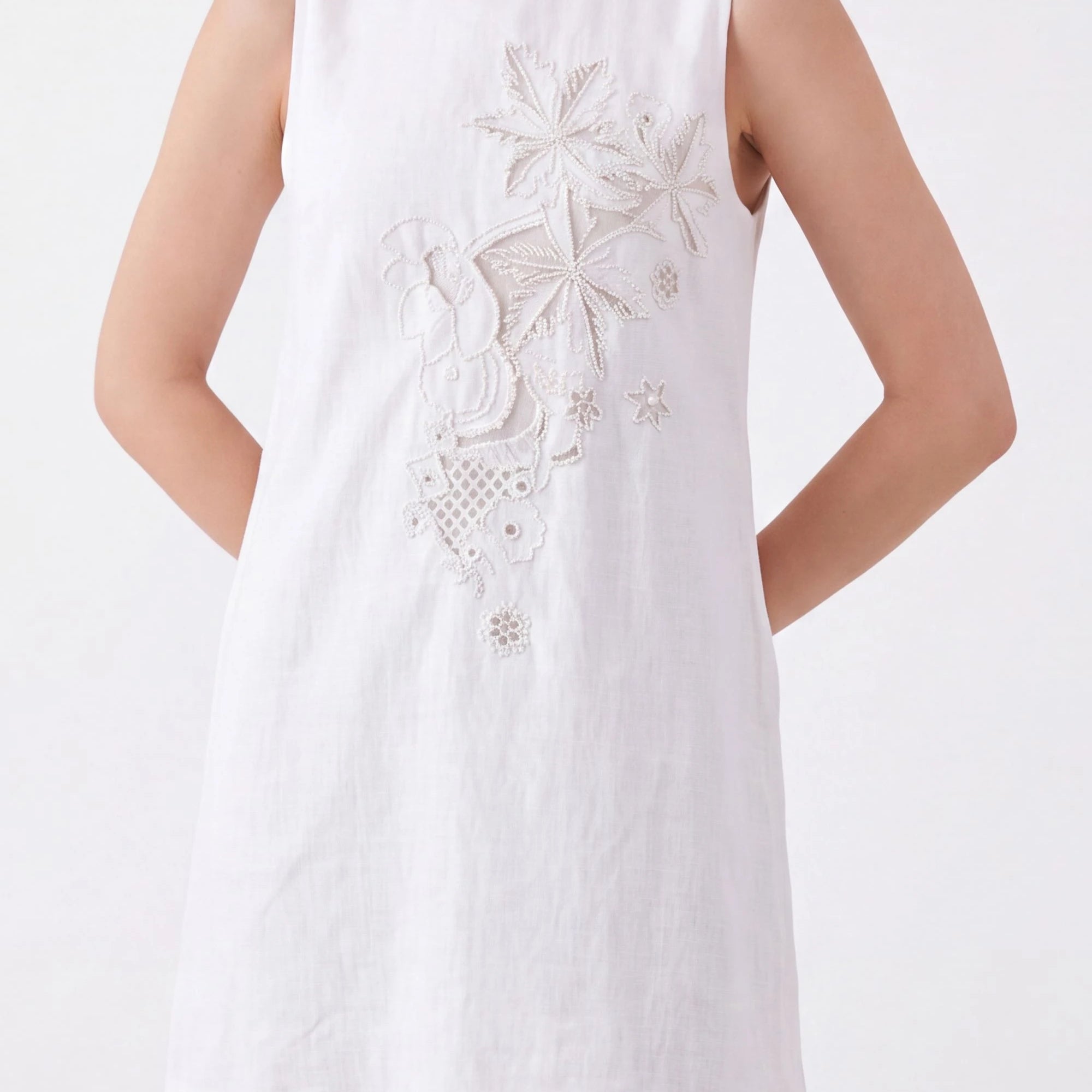 Elppis White Linen Sleeveless Beaded Embroidery Dress, white-background full-length front view on model — SKU JD4K6946BN