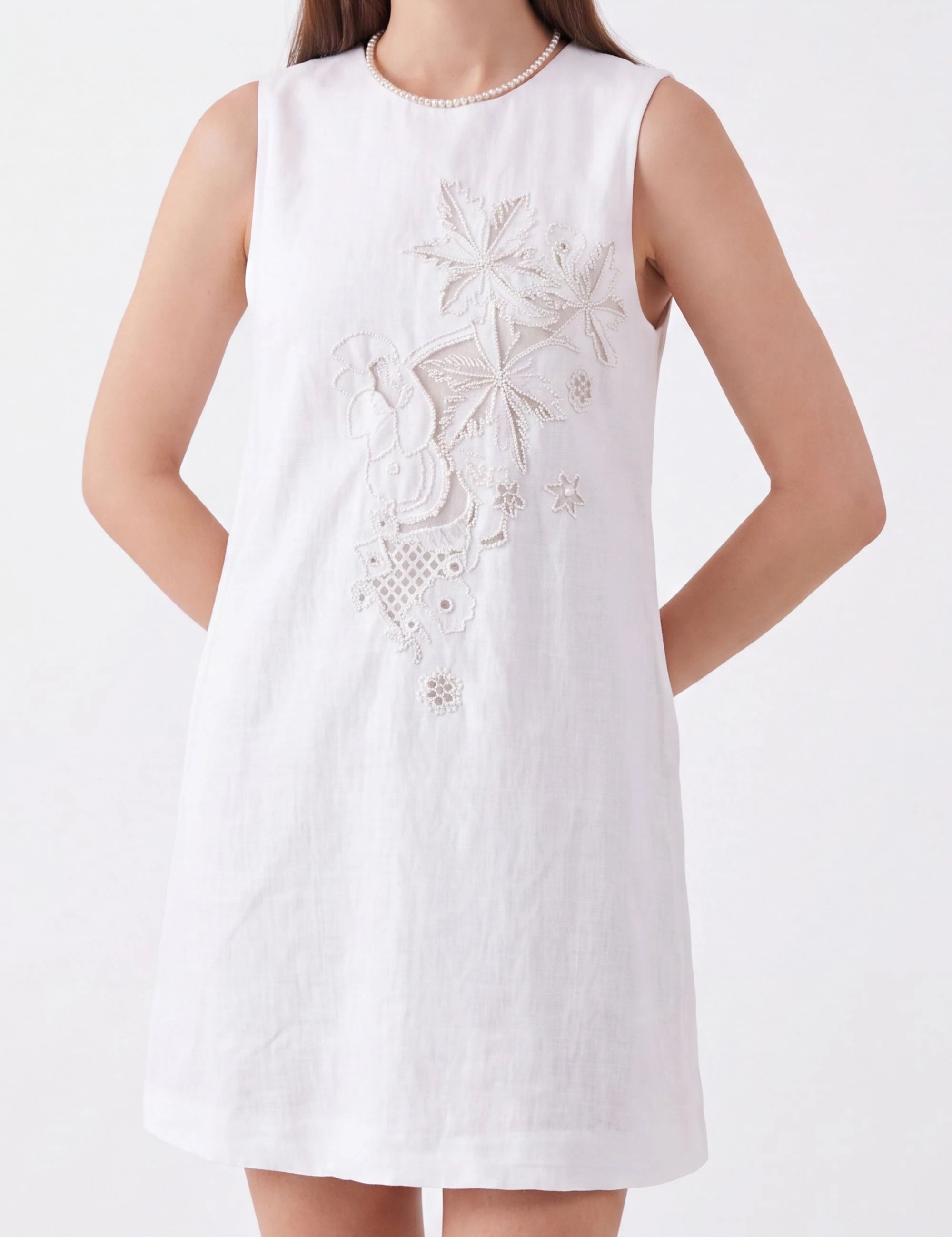 Elppis White Linen Sleeveless Beaded Embroidery Dress, white-background full-length front view on model — SKU JD4K6946BN
