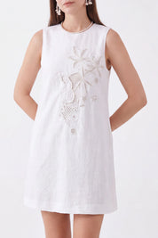 Elppis White Linen Sleeveless Beaded Embroidery Dress, white-background full-length front view on model — SKU JD4K6946BN