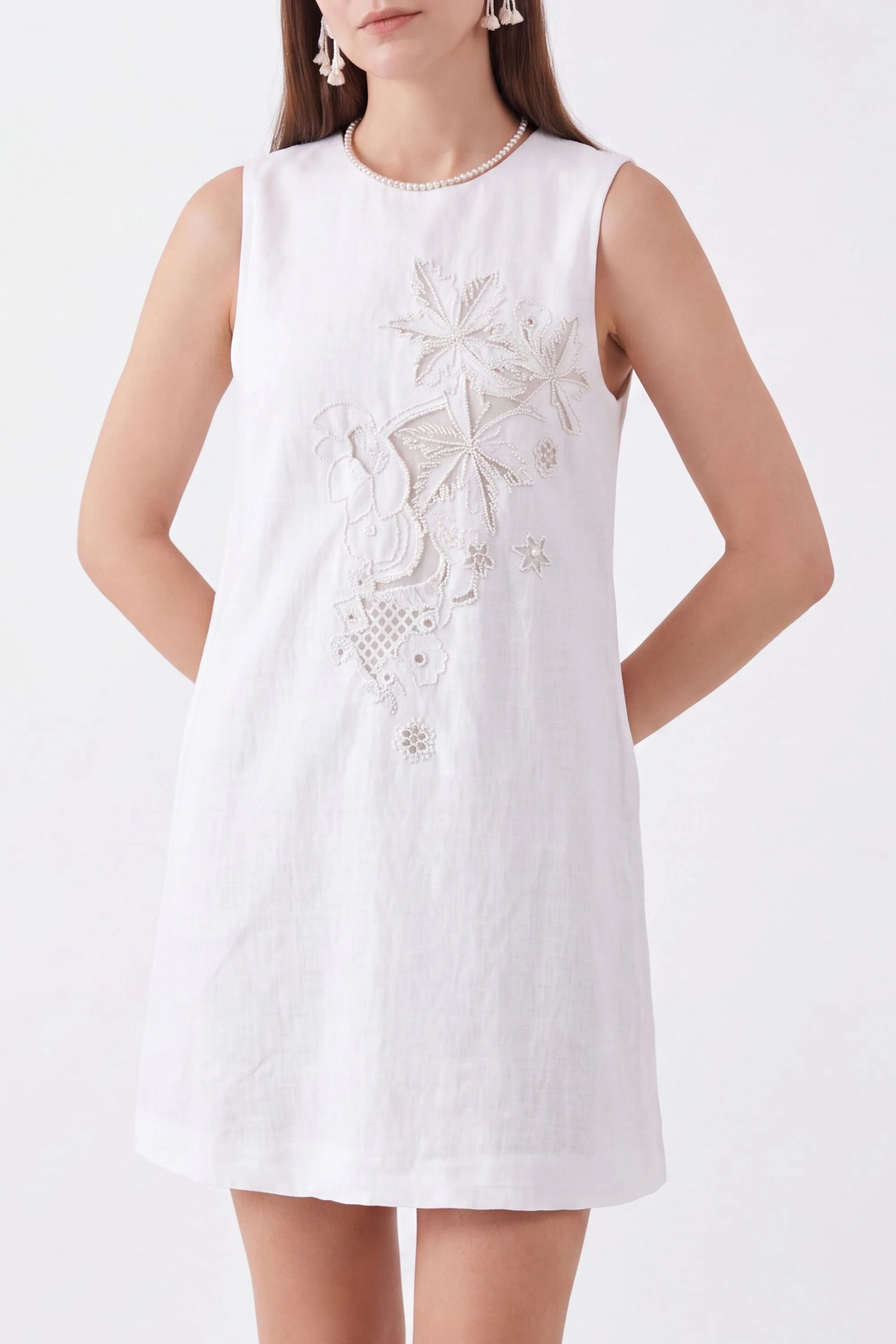 Elppis White Linen Sleeveless Beaded Embroidery Dress, white-background full-length front view on model — SKU JD4K6946BN