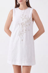 White Linen Sleeveless Beaded Embroidery Dress